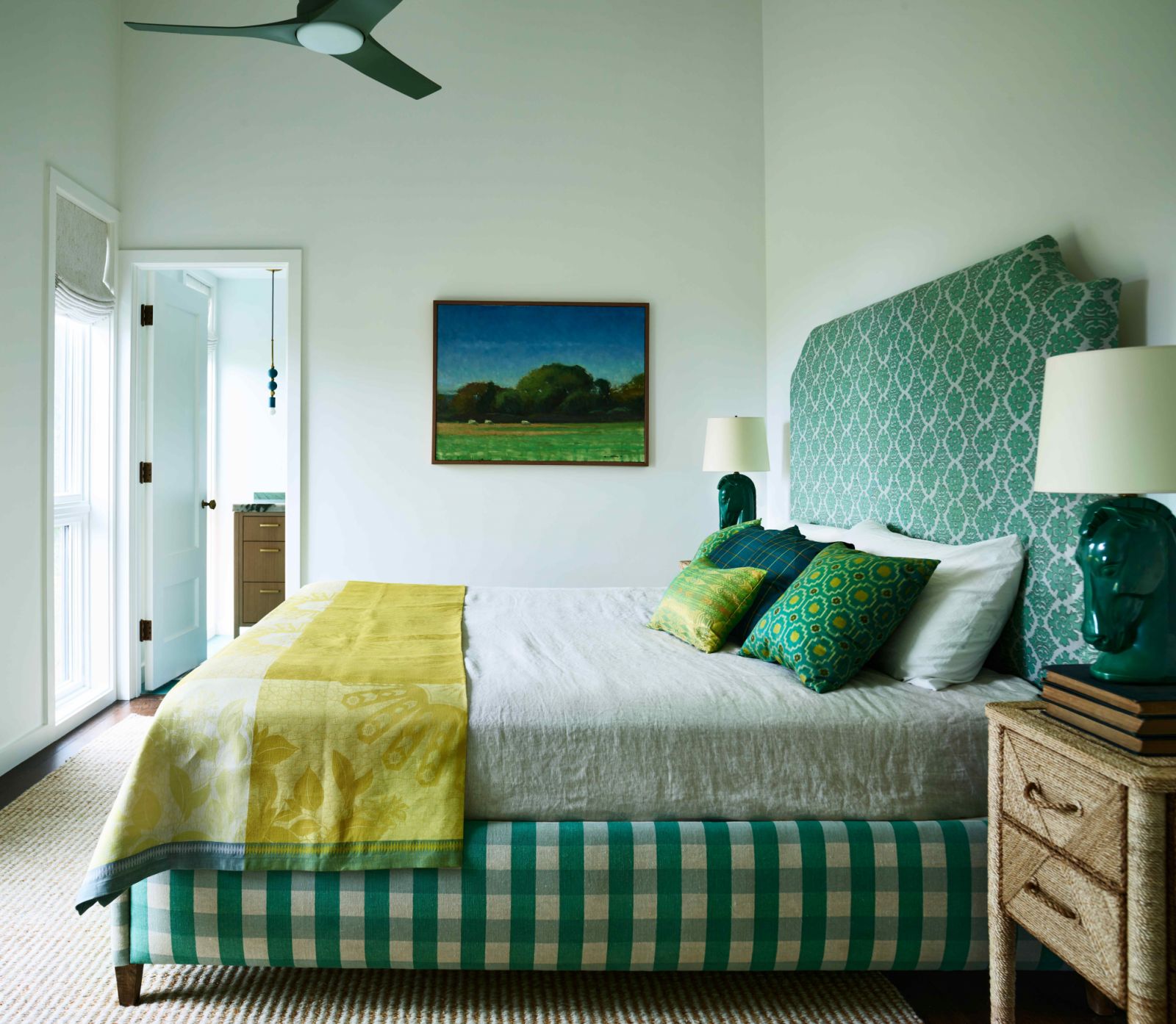 The guest suite in coordinated hues of green
