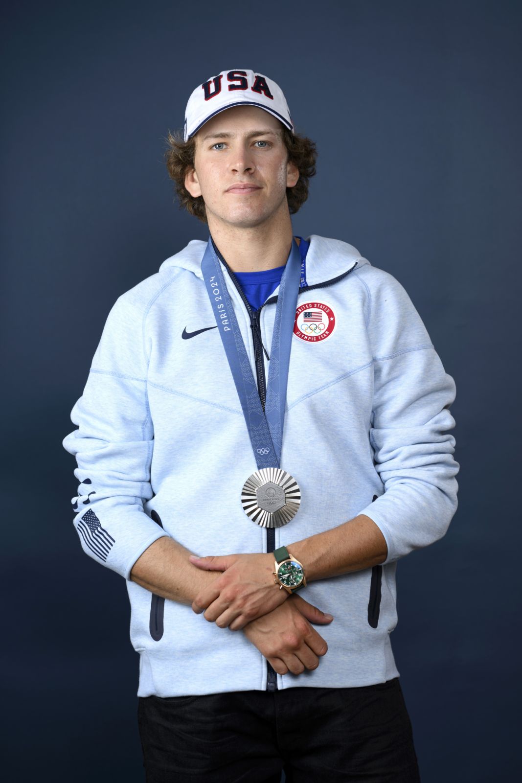 PARIS, FRANCE - JULY 30: (BROADCAST-OUT) Olympian Jagger Eaton of Team United States poses on the Today Show Set on July 30, 2024 in Paris, France. (Photo by Kristy Sparow/Getty Images)