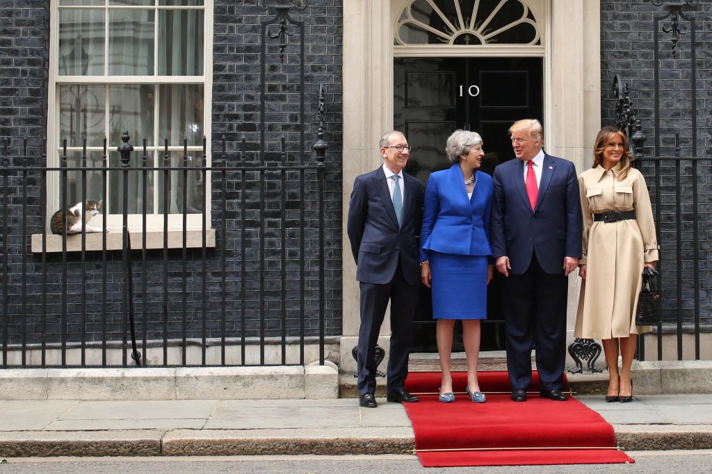 Larry lies on the window when former British Prime Minister Theresa May and ex-US President Donald Trump are taking a group photo at the entrance of 10 Downing Street (Photo: Getty Images)