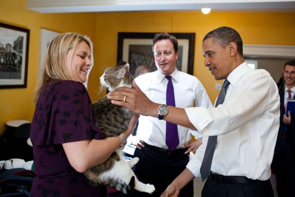 Cameron introduces Larry to former US President Barack Obama (Photo: Getty Images)