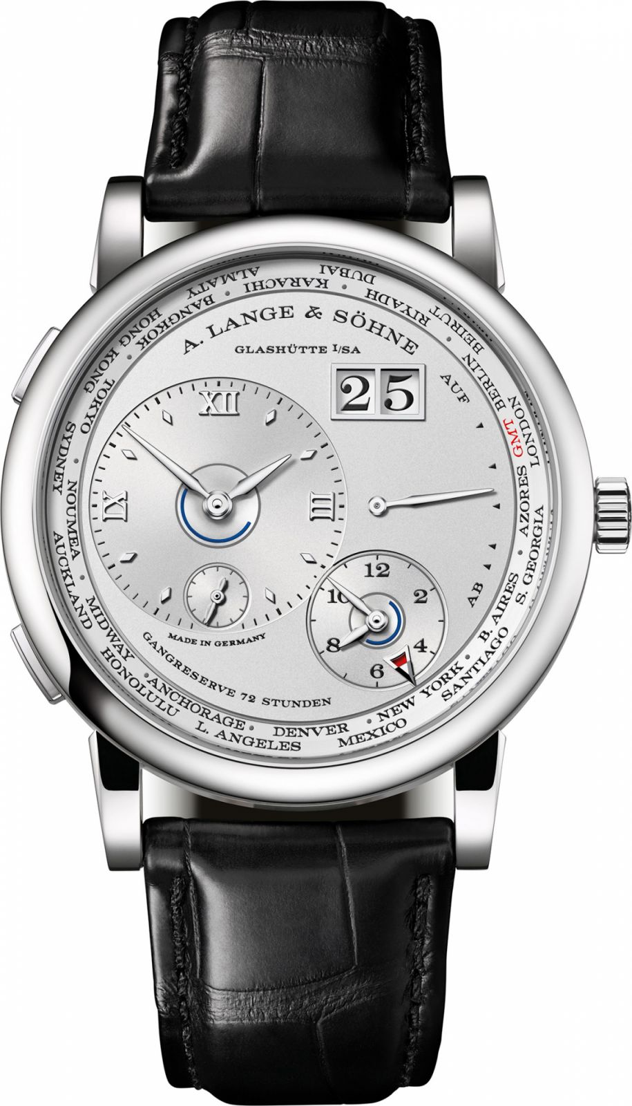 A. Lange & Söhne Lange 1 Time Zone 41.9mm in 950 platinum with a rhodium-coloured dial