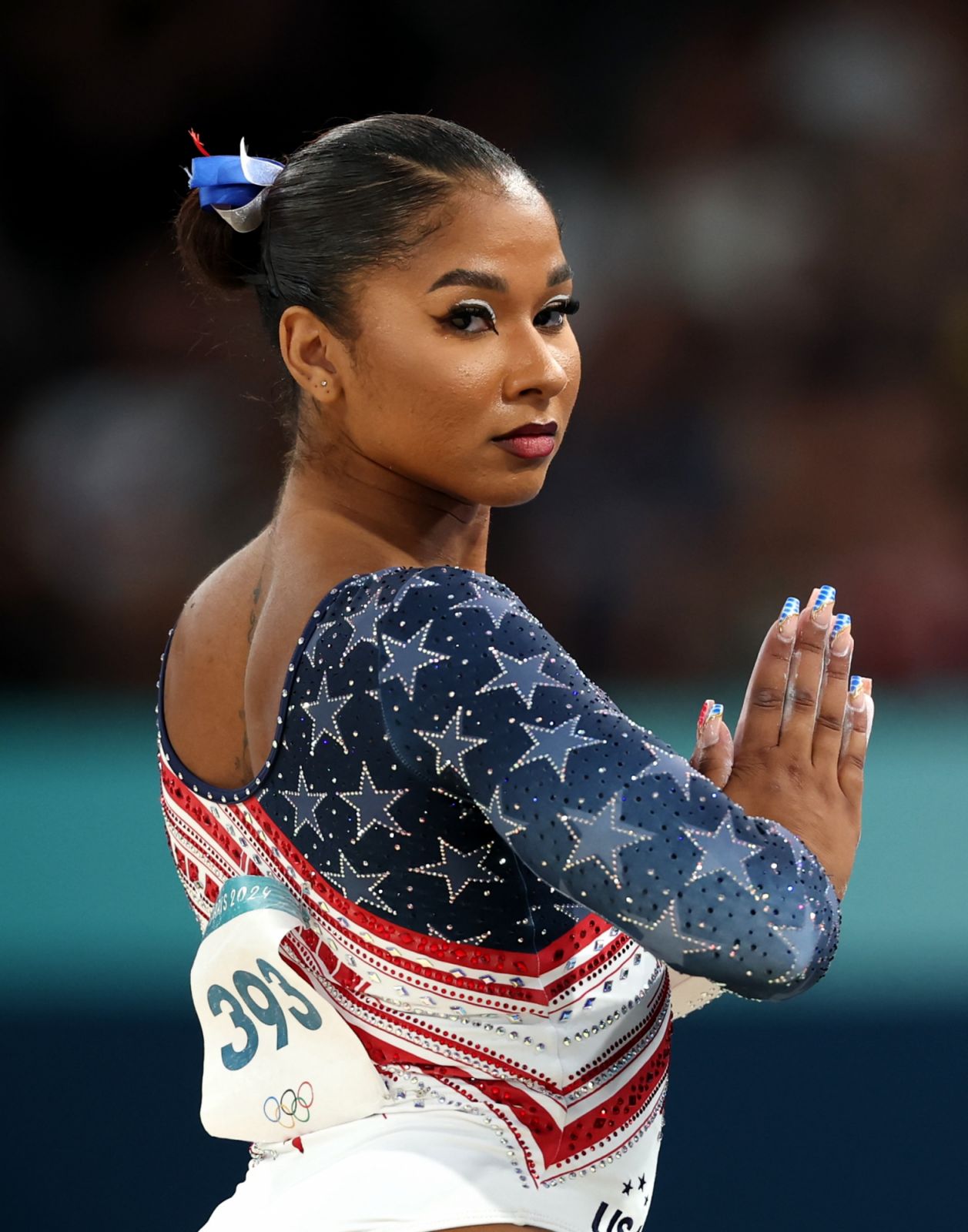 PARIS, FRANCE - JULY 30: Jordan Chiles of Team United States competes in the floor exercise during the Artistic Gymnastics Women's Team Final on day four of the Olympic Games Paris 2024 at Bercy Arena on July 30, 2024 in Paris, France. (Photo by Naomi Baker/Getty Images)