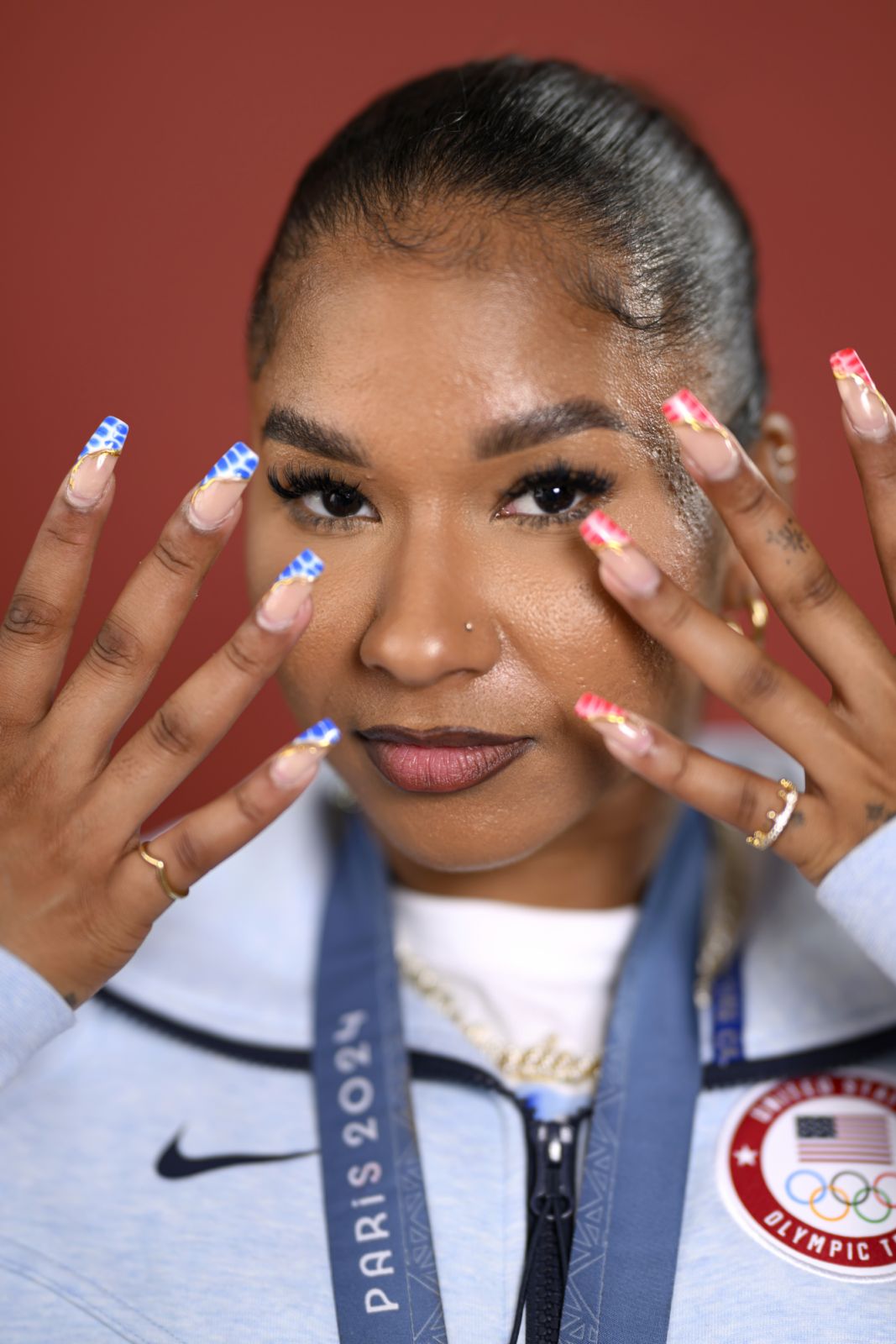 PARIS, FRANCE - AUGUST 02: (BROADCAST-OUT) Olympian Jordan Chiles of Team United States poses on the Today Show Set on August 02, 2024 in Paris, France. (Photo by Kristy Sparow/Getty Images)