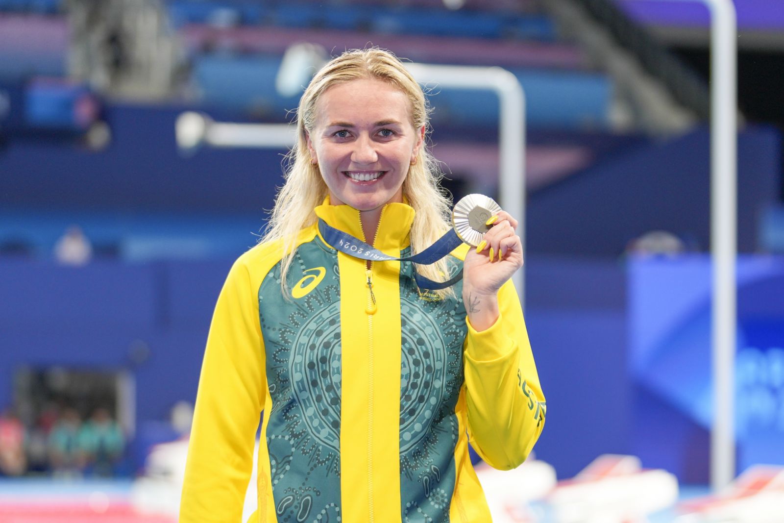 NANTERRE, FRANCE - AUGUST 3: Ariarne Titmus of Australia show her Bronze Medal during the Women's 800m Medals Ceremony on day eight of the Olympic Games Paris 2024 at Paris La Defense Arena on August 3, 2024 in Nanterre, France. (Photo by Eurasia Sport Images/Getty Images)