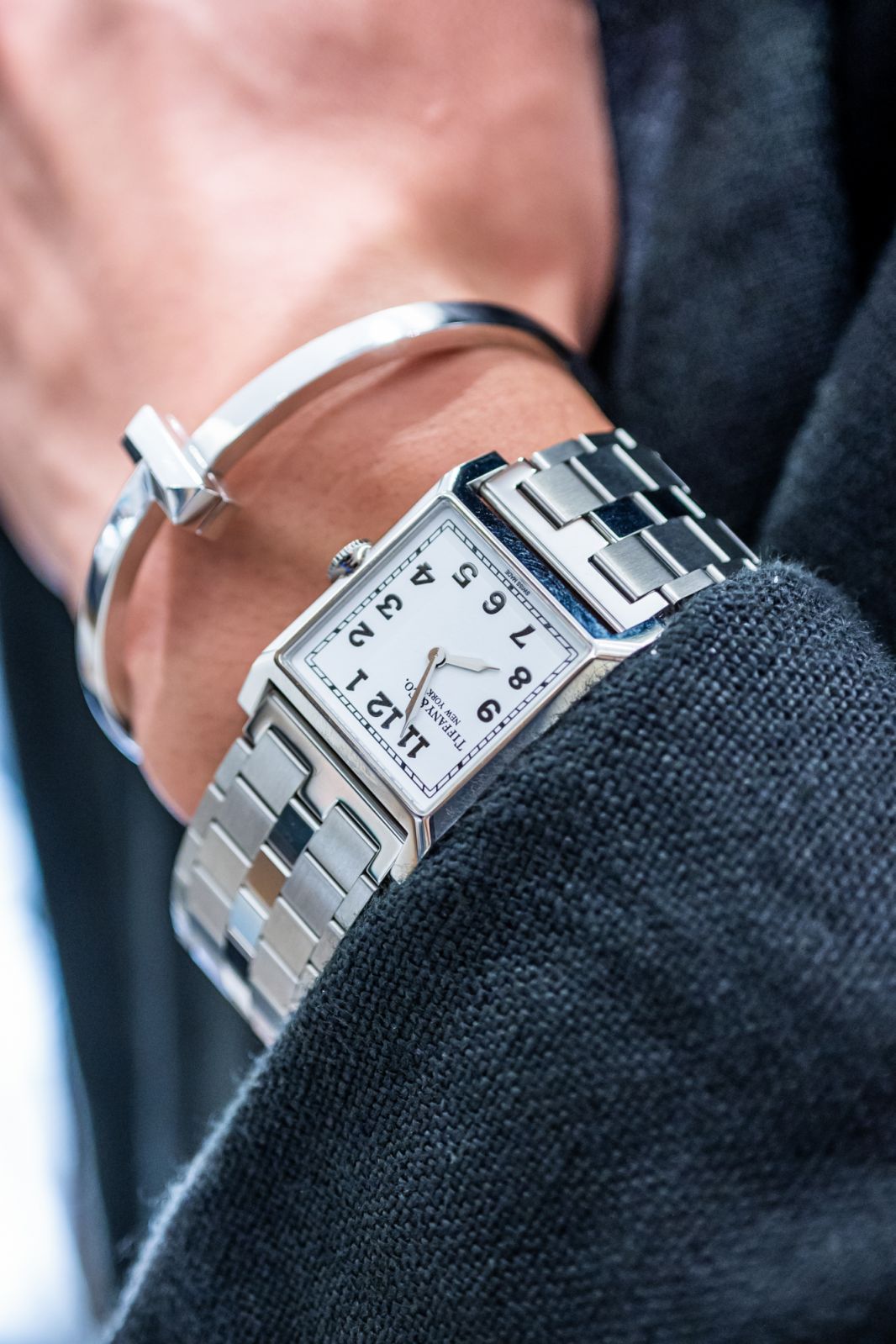 The Tiffany T bangle and Union Square watch with a white dial