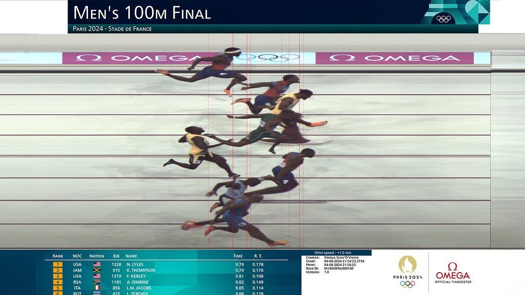 Omega Timing's photofinish shows Noah Lyles in a narrow lead against rival Kishane Thompson