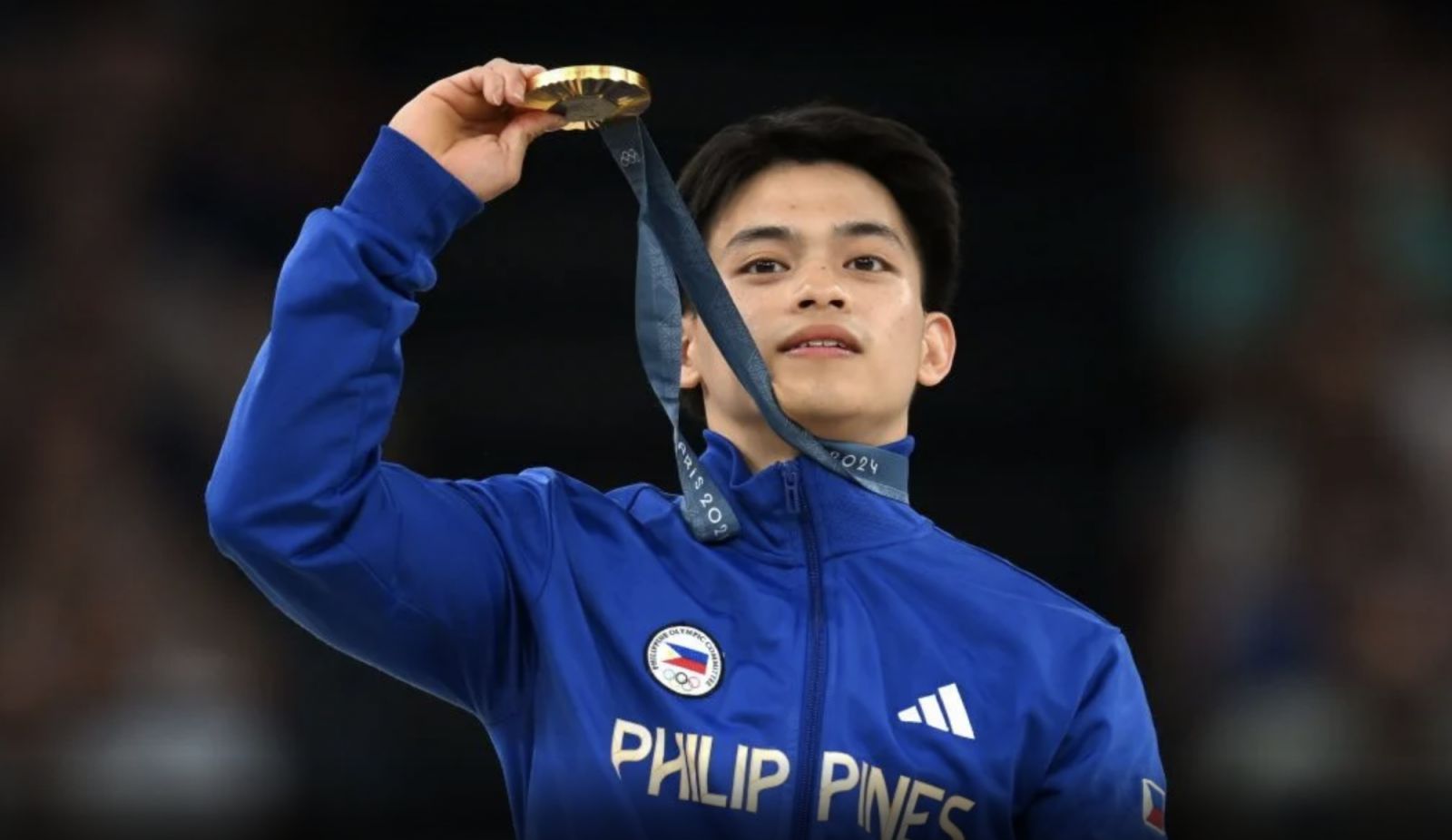 Carlos Edriel Yulo of Team Philippines with his gold medal after the Men's Floor Exercise Final at the Gymnastics Bercy Arena (Photo By Stephen McCarthy / Sportsfile via Getty Images)