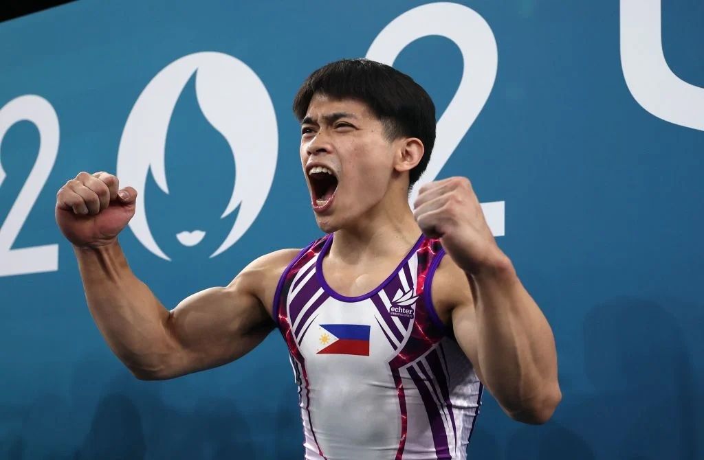 Carlos Yulo from Philippines celebrates after finishing his routine at the artistic gymnastics men's floor exercise final at Paris 2024 Olympics (Photo: Getty Images)