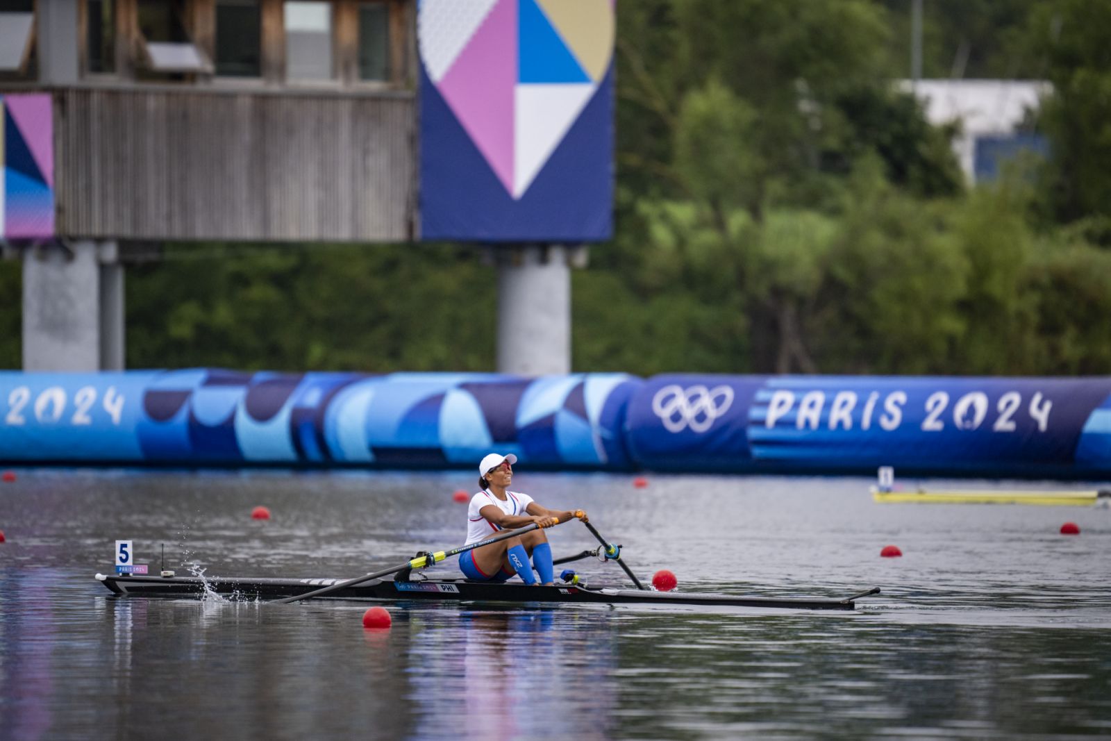 Joanie Delgaco of Team Philippines competes in the Women's Single Scull heat during on day one of the Olympic Games Paris 2024 at Vaires-Sur-Marne Nautical Stadium on July 27, 2024 in Paris, France (Photo: Kevin Voigt / GettyImages)
