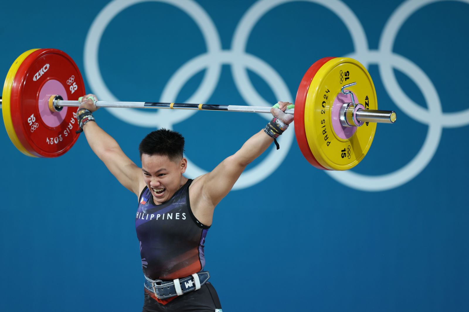 Elreen Ann Ando of Team Philippines competes during the Weightlifting - Women's 59kg on day thirteen of the Paris 2024 Olympic Games at South Paris Arena on August 8, 2024 in Paris, France (Photo: Sheng Jiapeng/China News Service/VCG via Getty Images)