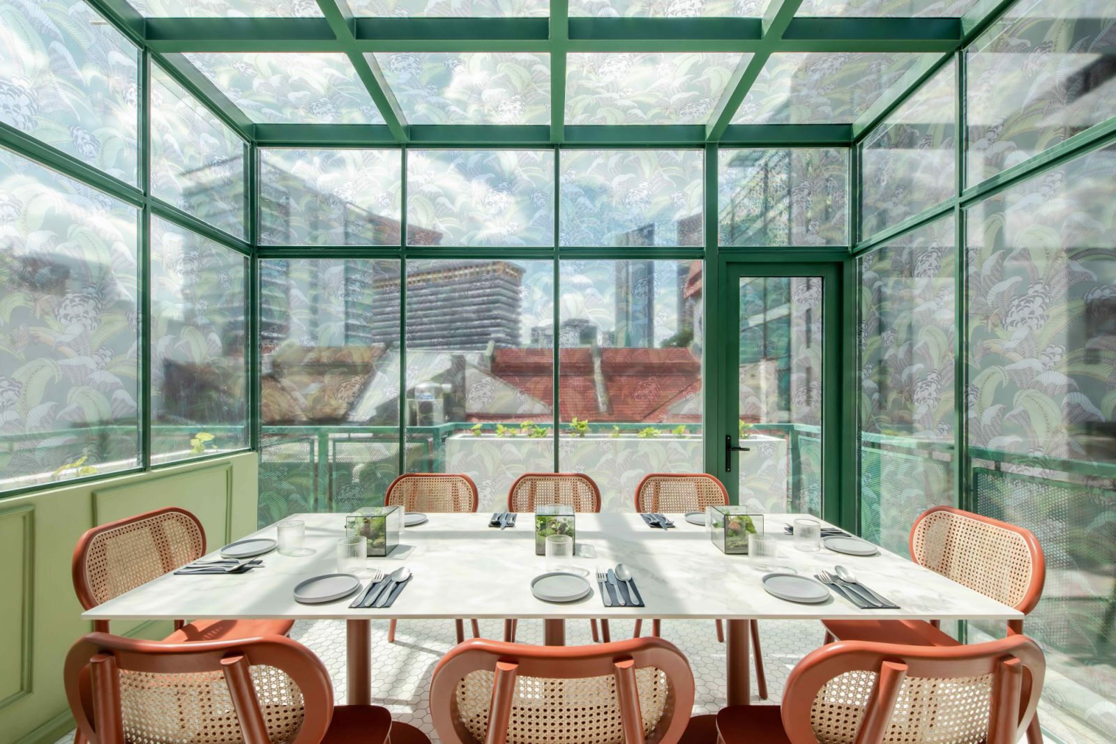 The conservatory-inspired private room with faint imprints of the interior wallpaper (Photo: David Yeow)