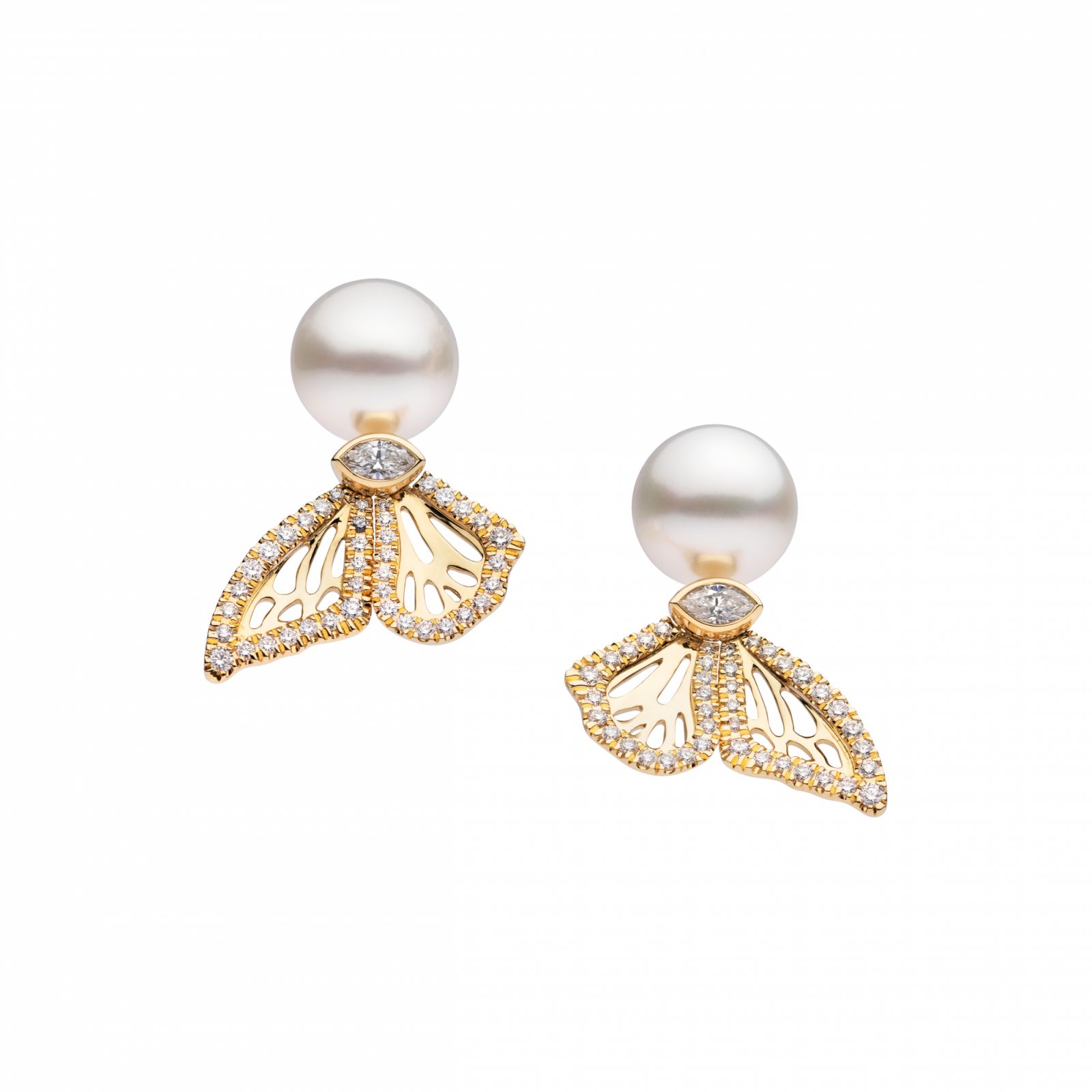 White pearls and gold half wing butterfly studs by Autore Pearls (Photo: Courtesy of UltraLuxe)