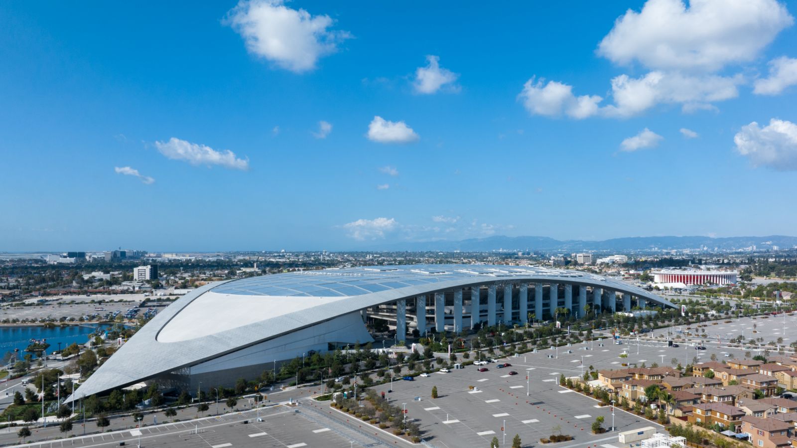 INGLEWOOD, CALIFORNIA - NOVEMBER 24: Aerial view of the SoFi Stadium, which will host the main opening ceremony of 2028 Summer Olympics, on November 24, 2023 in Inglewood, California. (Photo by Qian Weizhong/VCG via Getty Images)