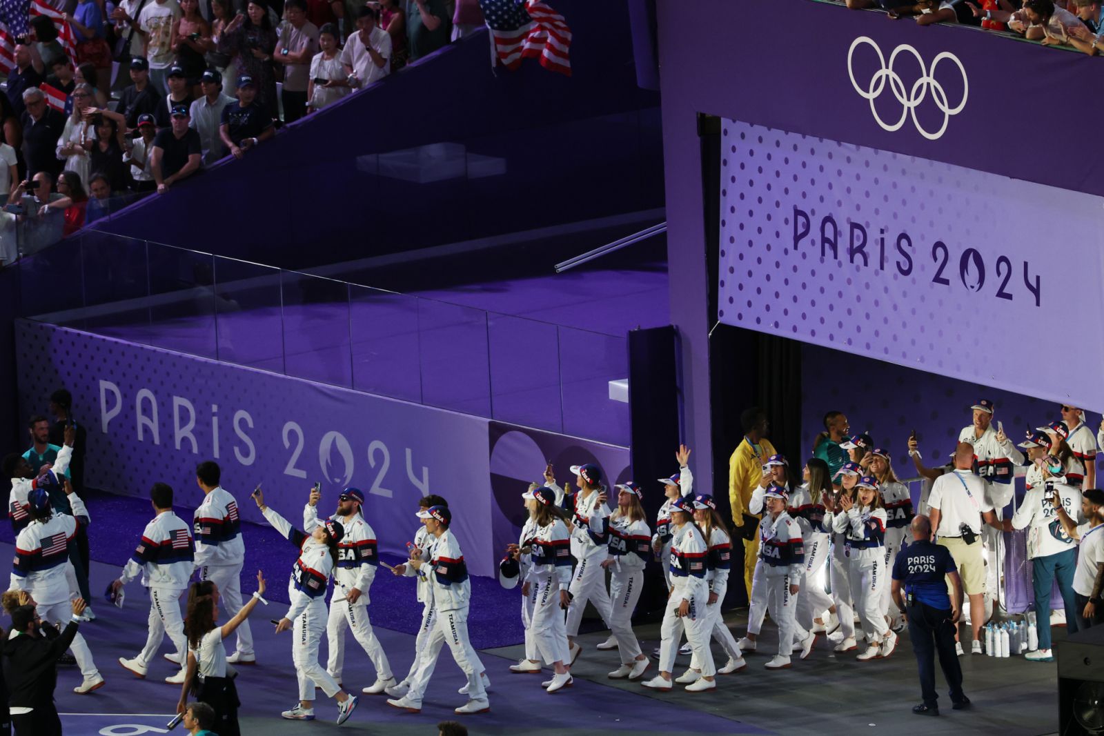 PARIS, FRANCE - AUGUST 11: Athletes of Team United States arrive inside the stadium during the Closing Ceremony of the Olympic Games Paris 2024 at Stade de France on August 11, 2024 in Paris, France. (Photo by Lintao Zhang/Getty Images)