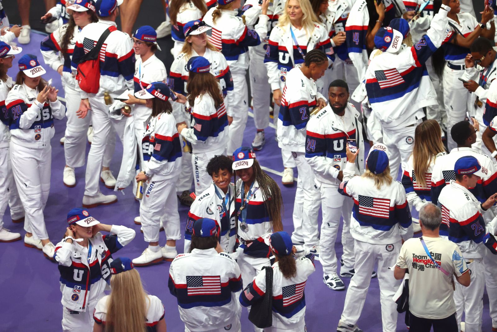 PARIS, FRANCE - AUGUST 11: Athletes of Team United States participate in the parade during the Closing Ceremony of the Olympic Games Paris 2024 at Stade de France on August 11, 2024 in Paris, France. (Photo by Michael Reaves/Getty Images)