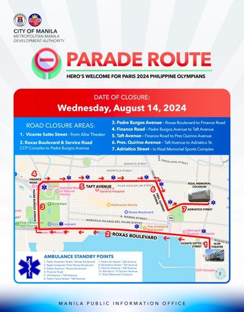 The official parade route of the 2024 Philippine team at the Paris Olympics. The roster is joined by Carlos Yulo, the country's first two time gold medalist (Photo: Manila Public Information Office)