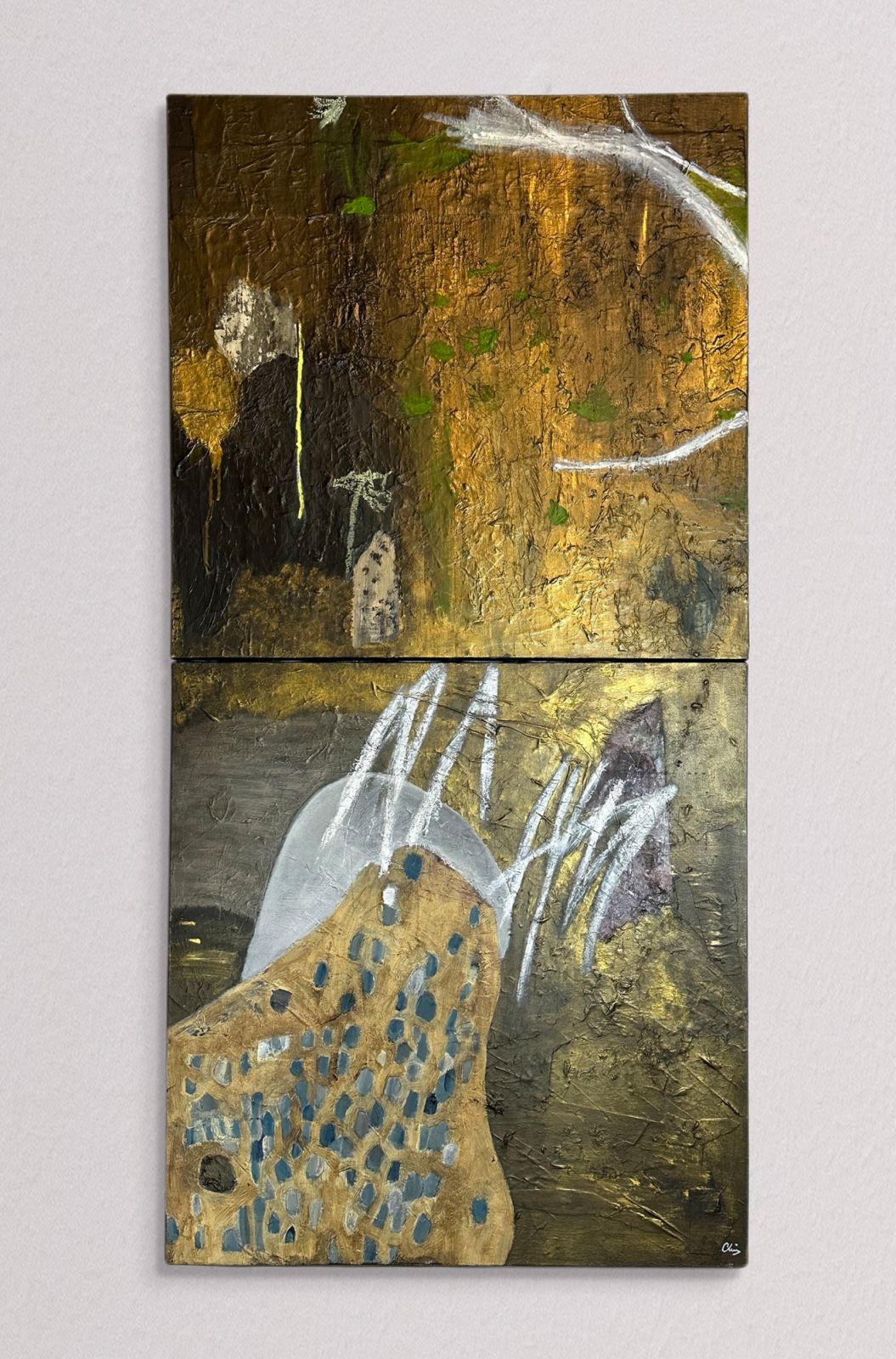 Charlotte Chin’s ‘Whispering Rocks’, 2023, acrylic and collage on canvas