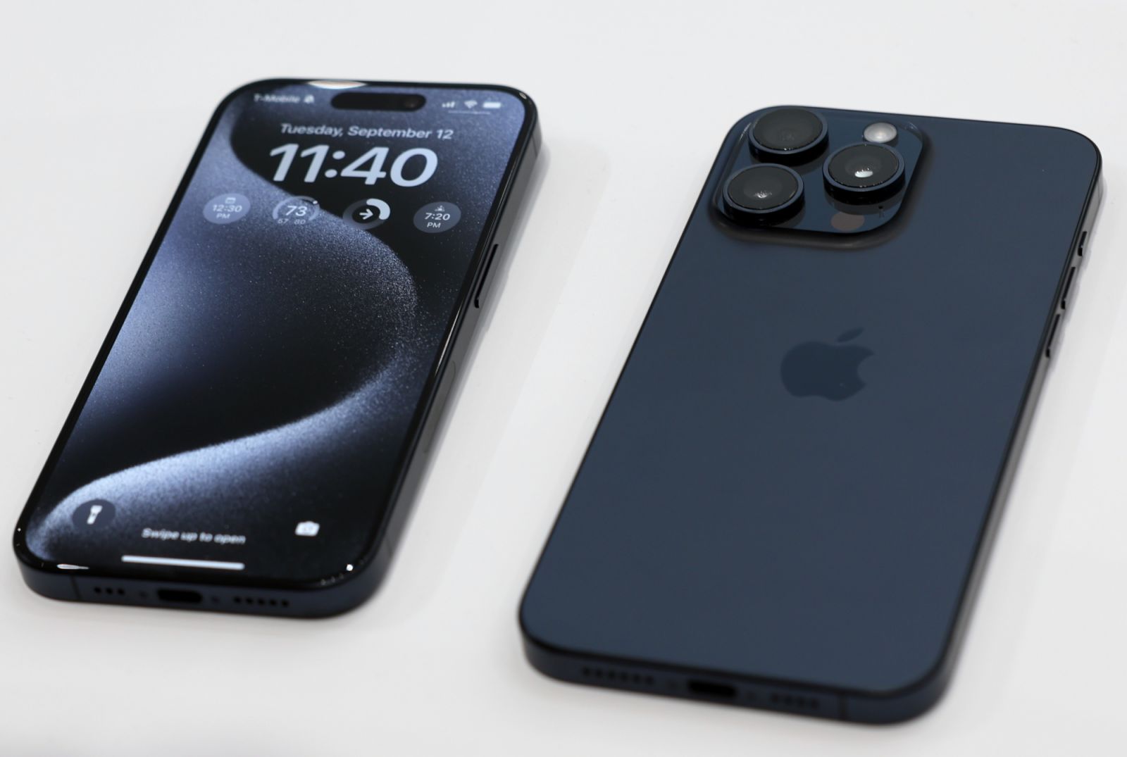 CUPERTINO, CALIFORNIA - SEPTEMBER 12:  The new iPhone 15 Pro and iPhone 15 Pro Max are displayed during an Apple event on September 12, 2023 in Cupertino, California. Apple revealed its lineup of the latest iPhone 15 versions as well as other product upgrades during the event. (Photo by Justin Sullivan/Getty Images)