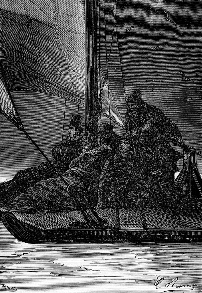 《環遊世界八十天》描述了一段精采的冒險。 (illustration from 1892 edition by Leon Benett). Caption reads: 'The cold, increased by the tremendous speed, deprived them of the power of speech. ' (the sledge with sails journeying between Fort Kearney and Omaha). Chapter XXX ; In which Phileas Fogg simply does his duty. JV French novelist 8 February 1828-24 March 1905. (Phileas Fogg of London and his French valet Passepartout attempt to circumn