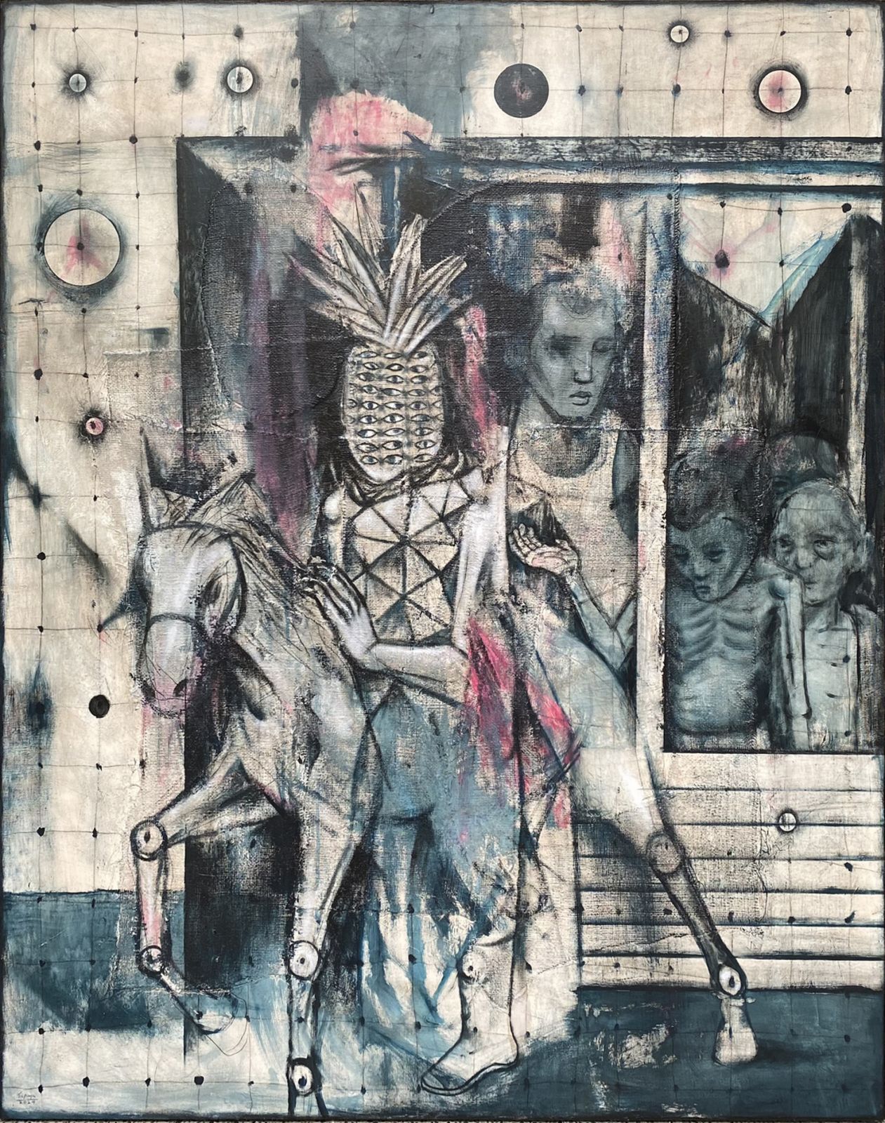 Rodel Tapaya, 'Many Eyes But They Cannot See,' acrylic and burlap on canvas, 2024