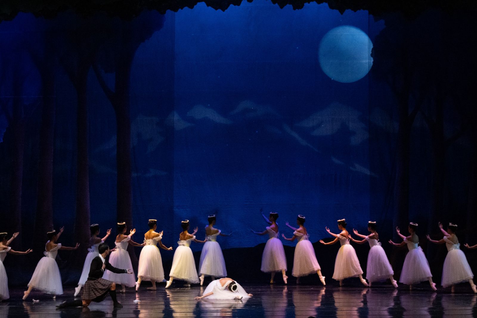 James is heartbroken and stunned as the Sylph, draped in the enchanted scarf, lies on the floor, her presence fading