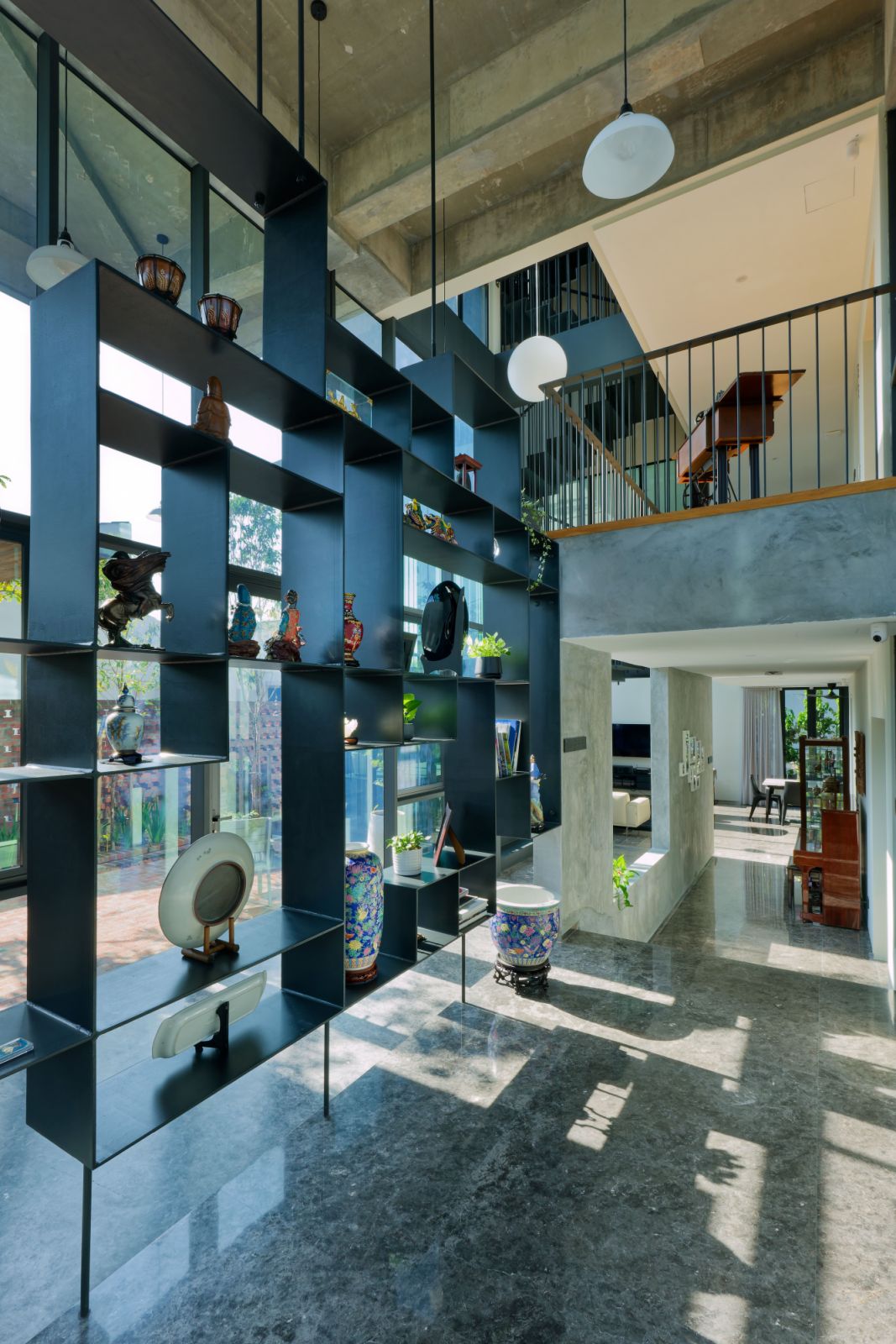 The suspended shelf are a focal point