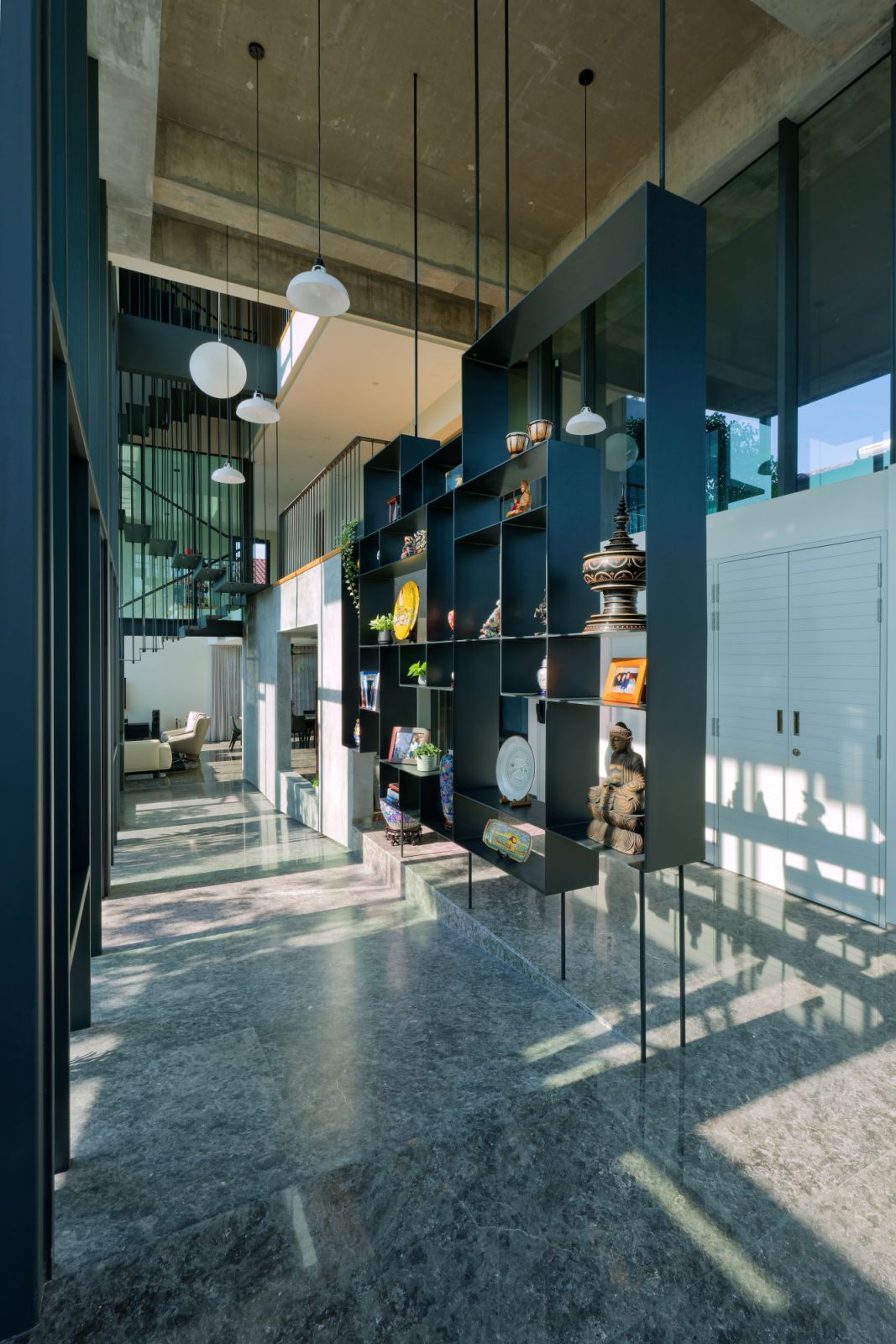 The suspended shelf are a focal point