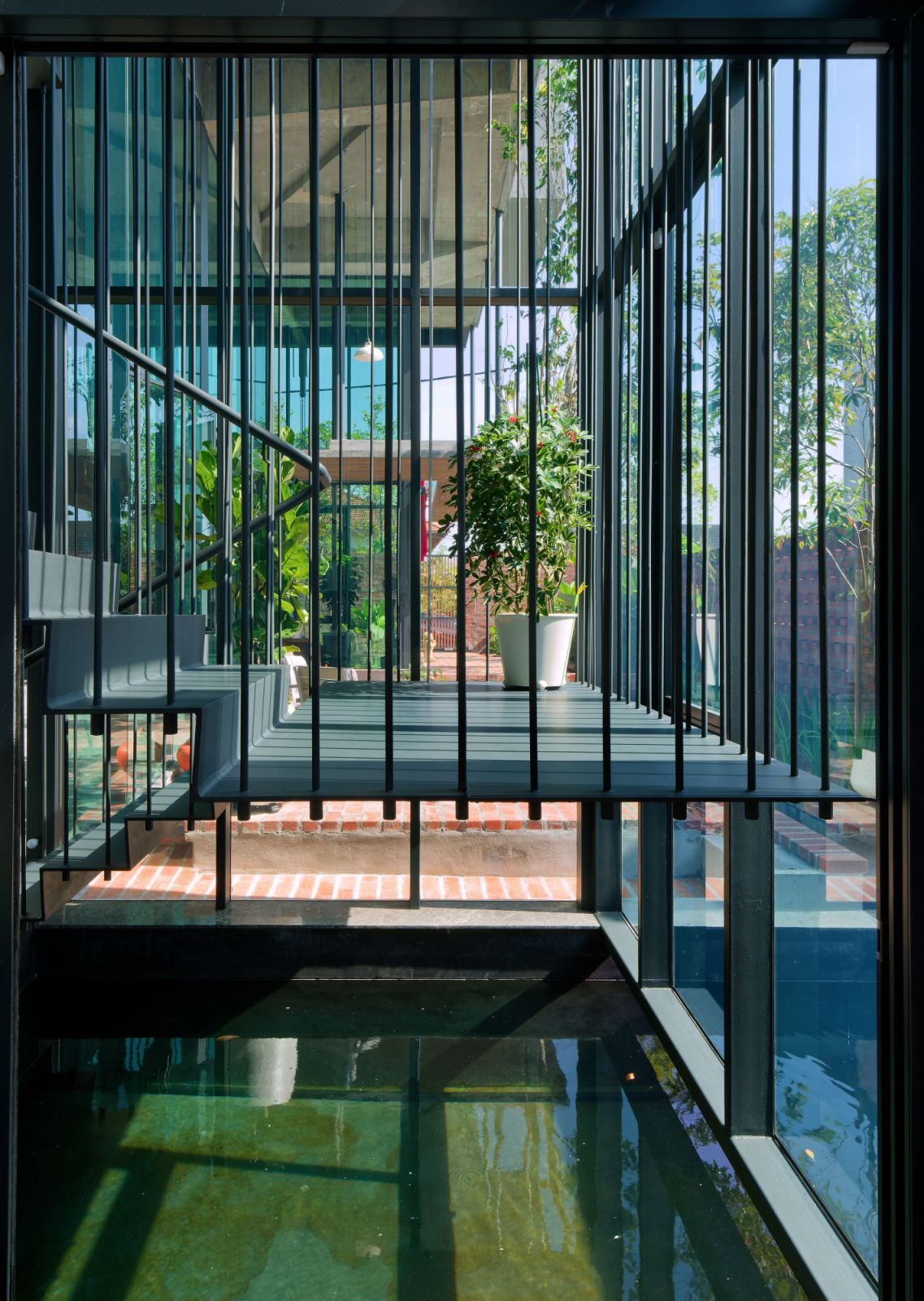 The reflecting pool beneath the staircase