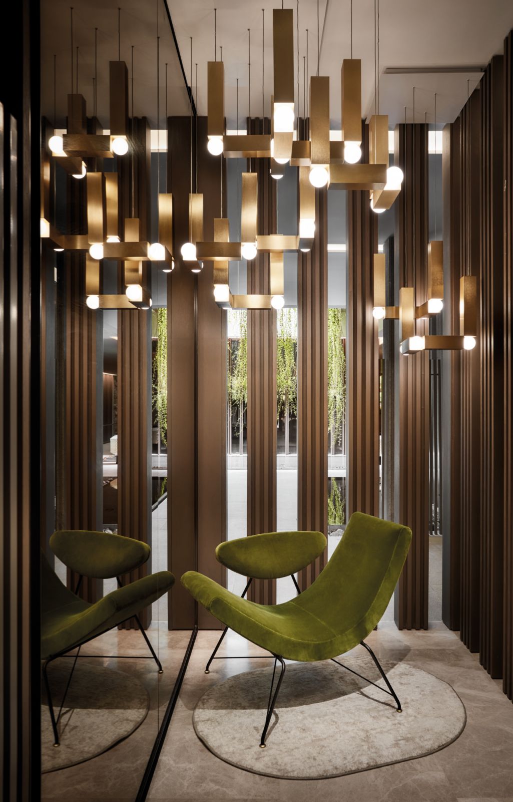 Mirrored surfaces amplify the beauty of this tableau