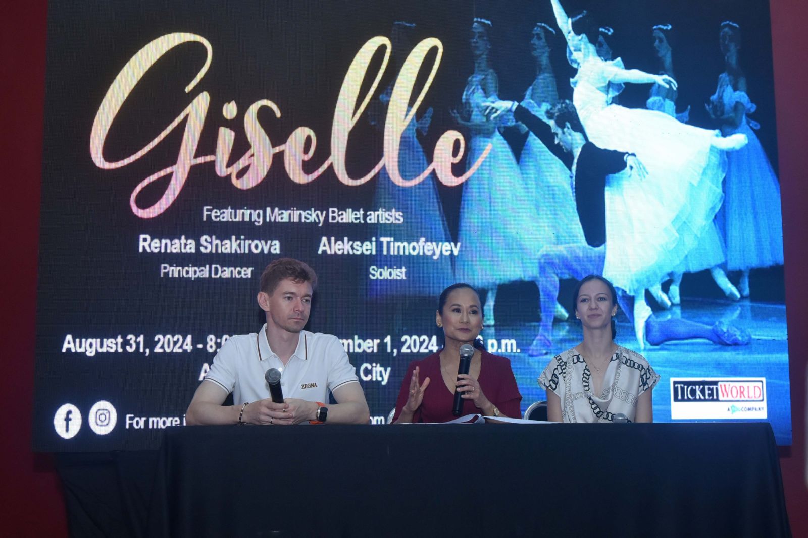 Alexsei Timofeyev, Lisa Macuja Elizalde, and Renata Shakirova during the press conference (Photo: Ballet Manila and Fuentes Manila)