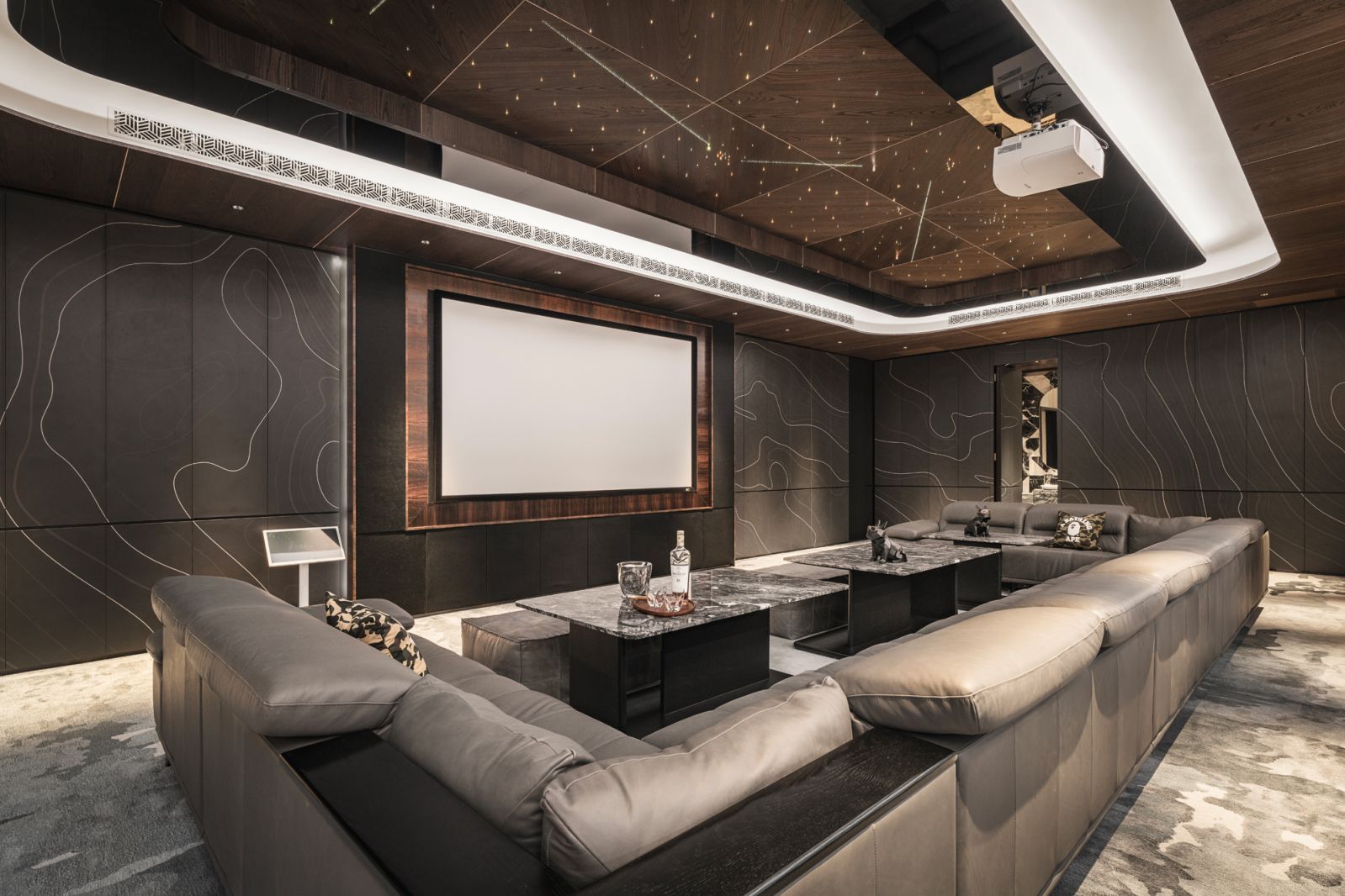The home theatre features a more masculine material palette