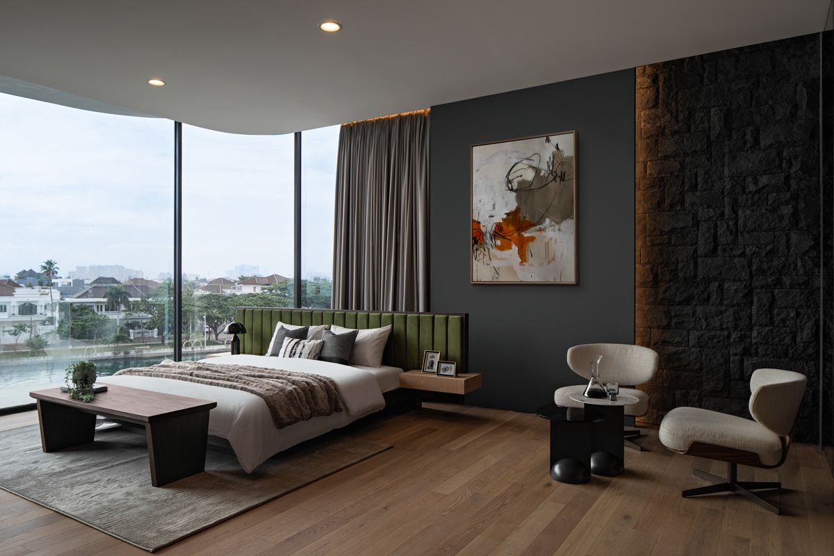 The homeowner’s adult child’s bedroom overlooks the canal