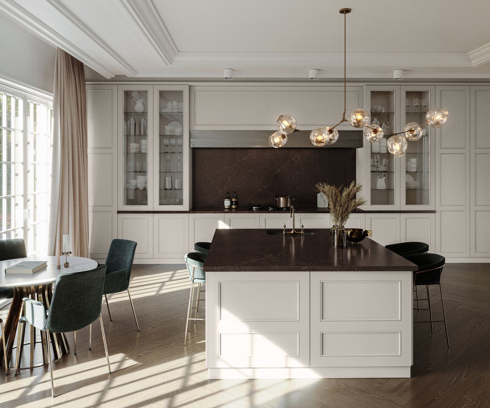 A farmhouse-style kitchen with Silestone’s Château Brown surfaces