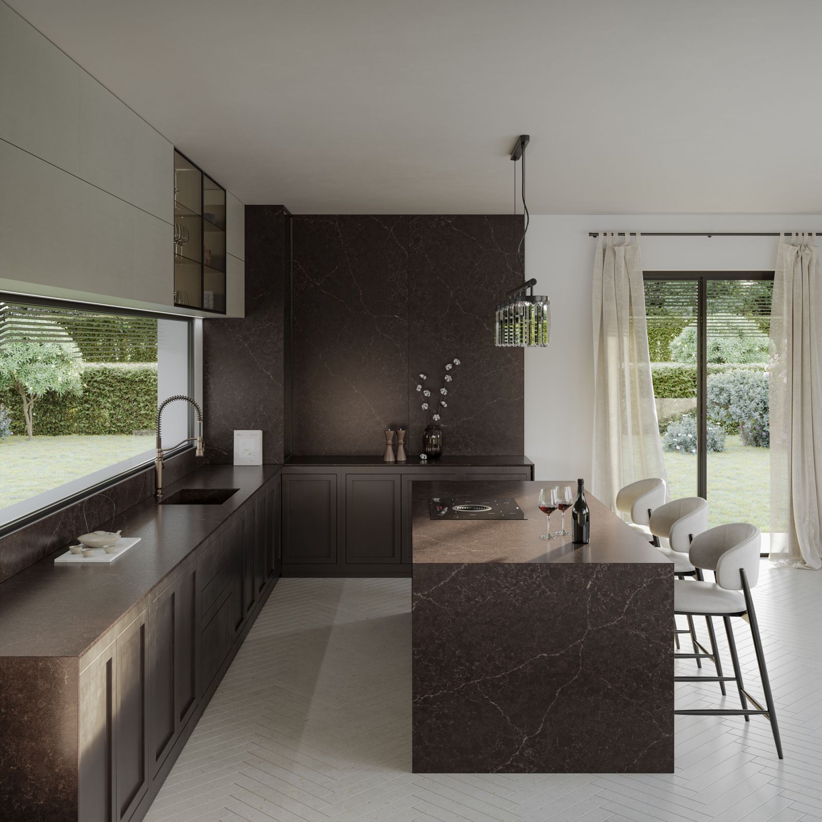 An airy, modern kitchen, featuring the new Château Brown hue in the Silestone XM Le Chic Bohème range