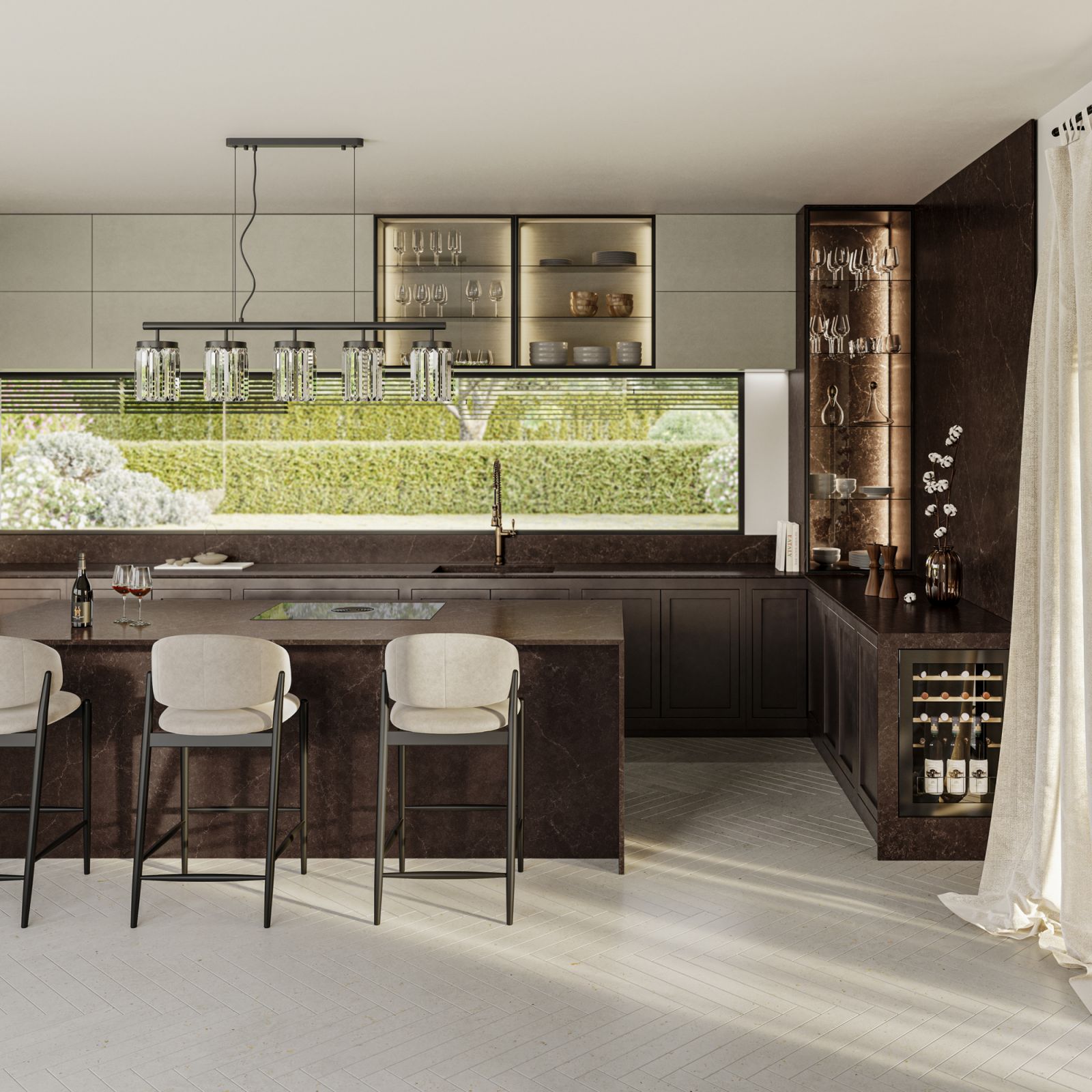 A kitchen clad in Château Brown with gorgeous green views