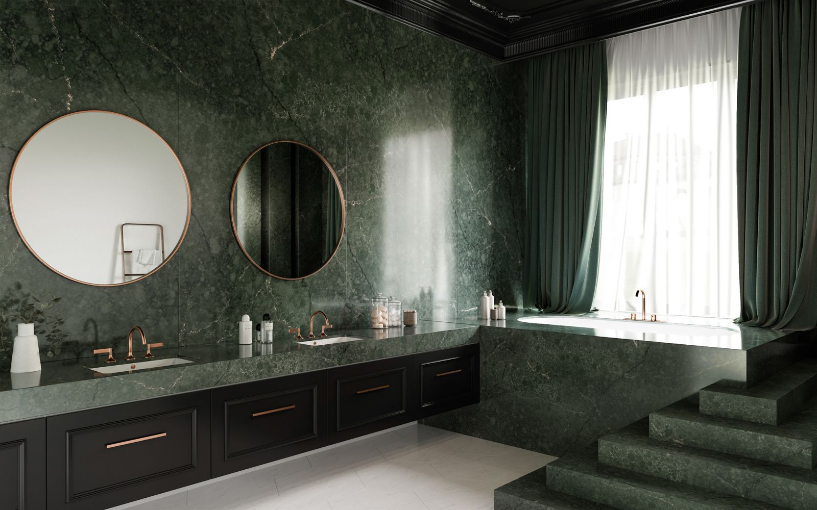 A sophisticated bathroom showcasing Le Chic Bohème’s Jardin Emerald