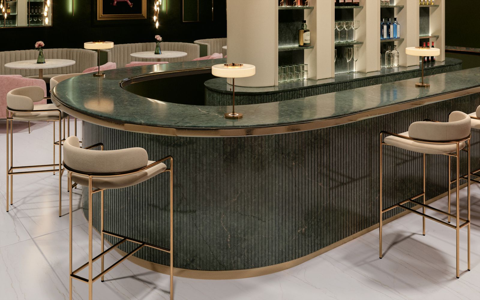 The curved restaurant island decked in Jardin Emerald