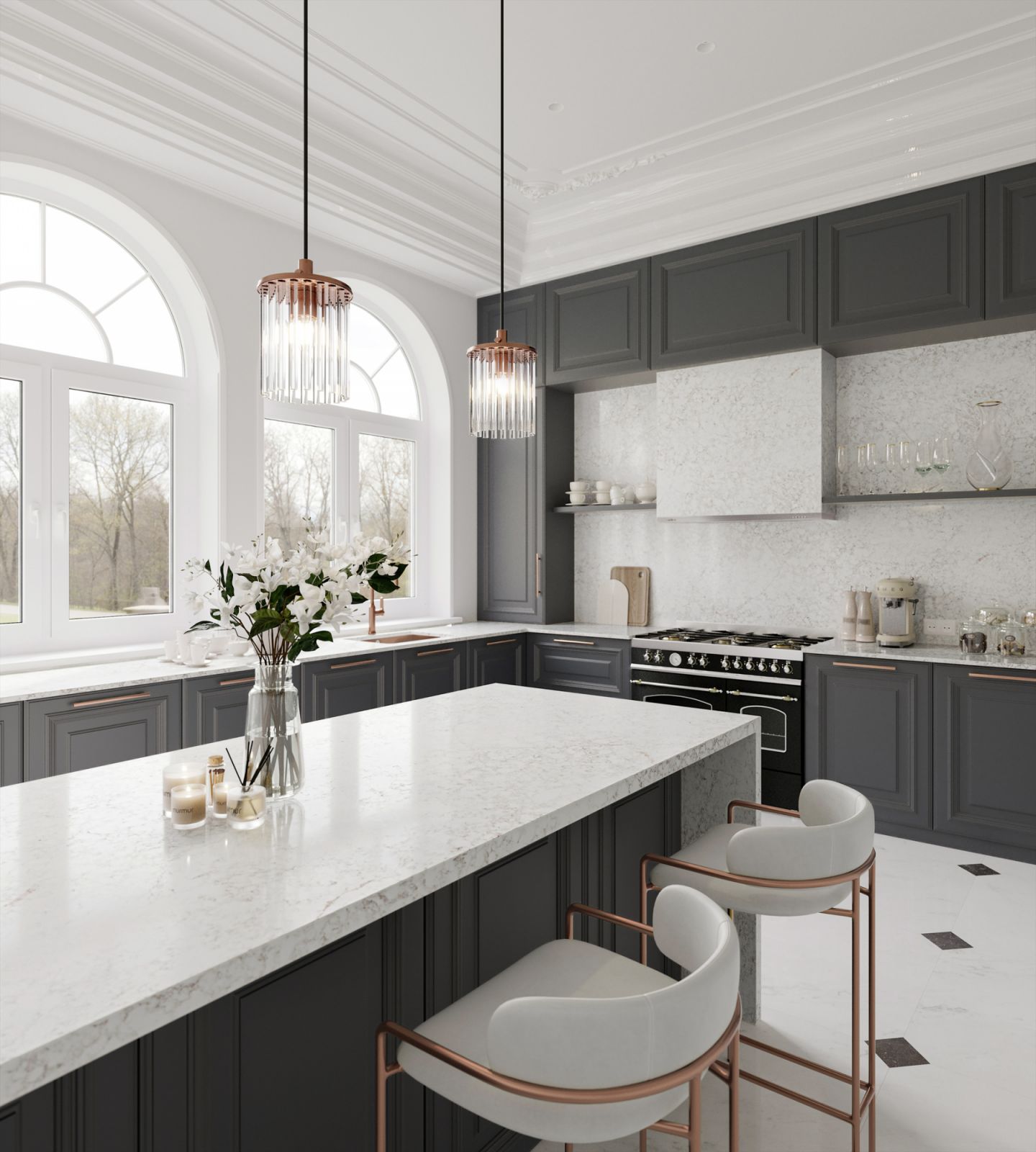 A kitchen clad in Rivière Rose, a hybrid mineral surface in the Silestone XM range