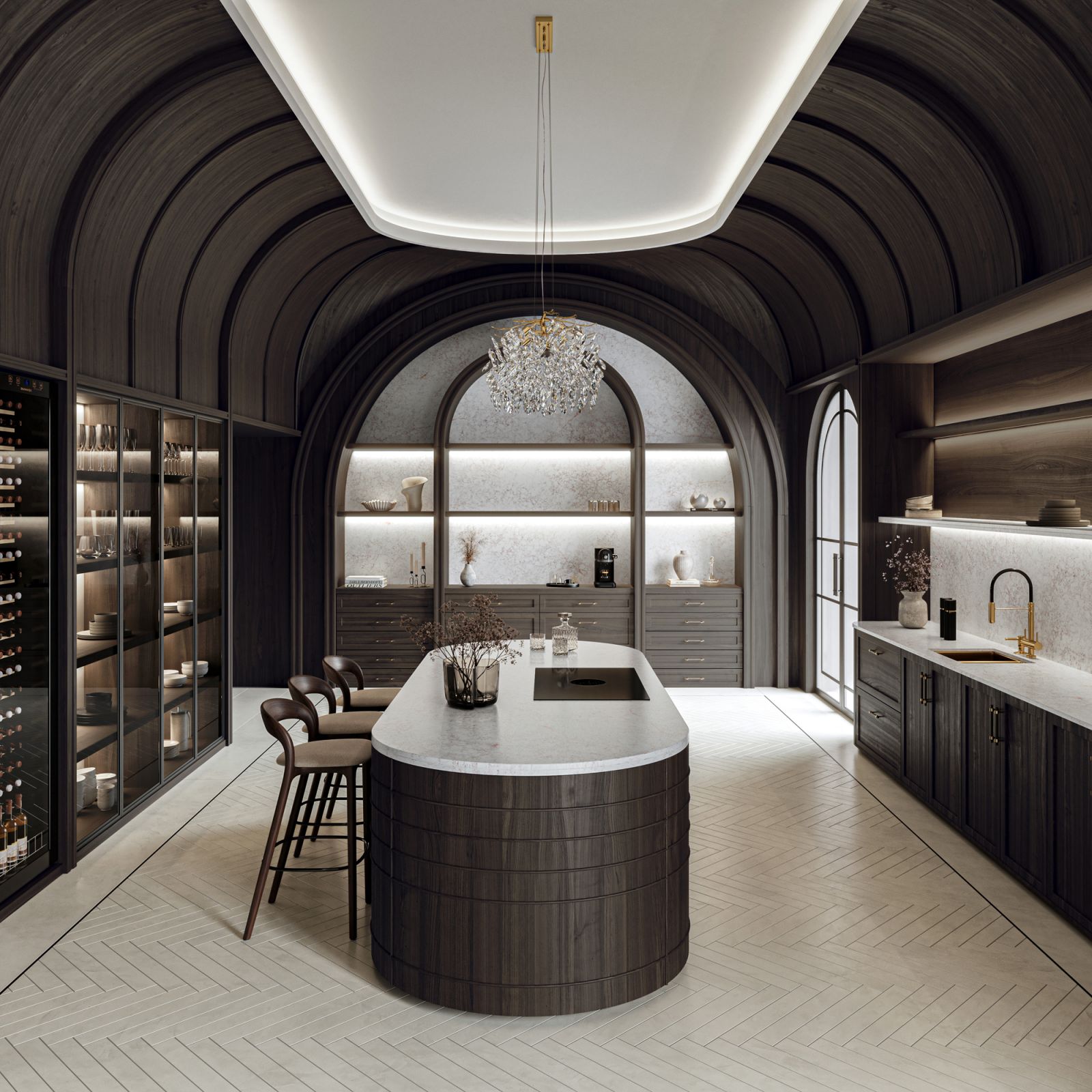 A contemporary open-plan kitchen with a dusky palette and Rivière Rose countertops