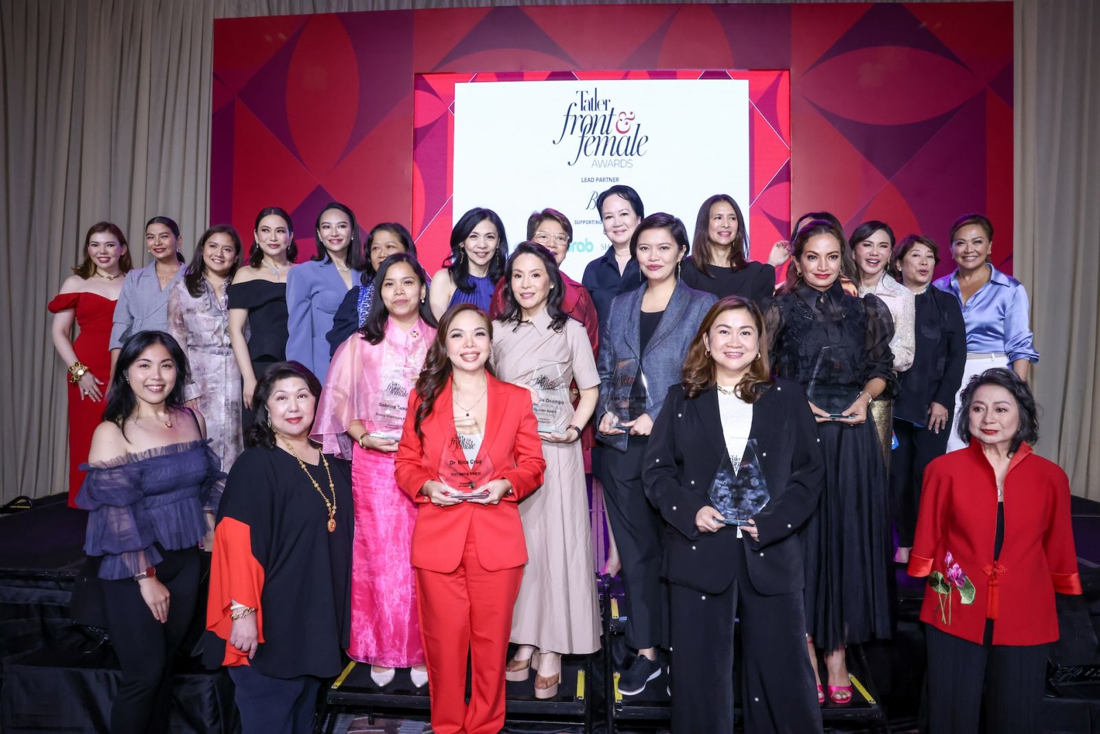 The winners of the Philippines' first Front & Female Awards, along with Tatler Philippines' Managing Director Irene Martel Francisco, Deputy Editor Isabel Francisco, Chit Lijauco, and the voting committee