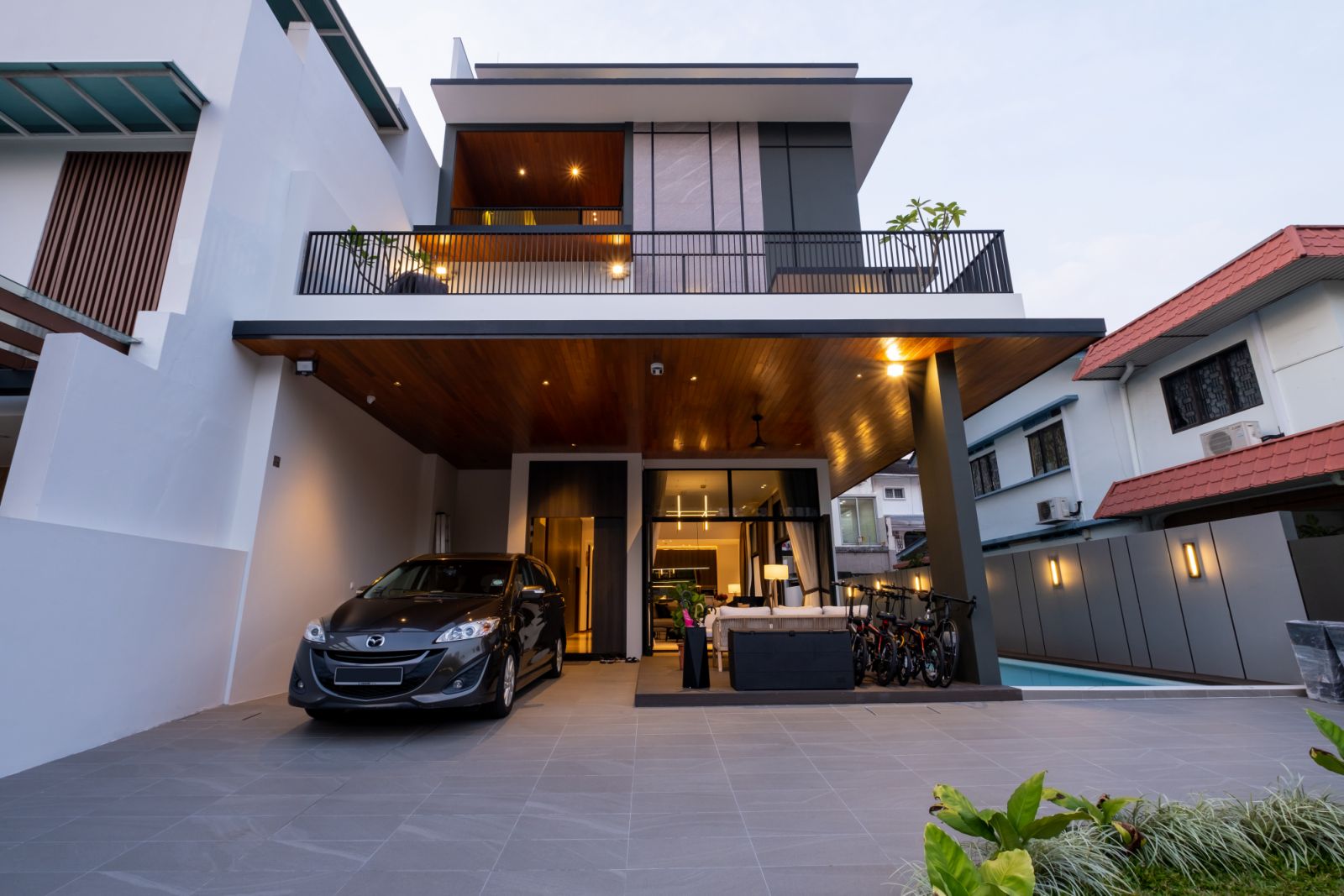 The home’s exterior spaces