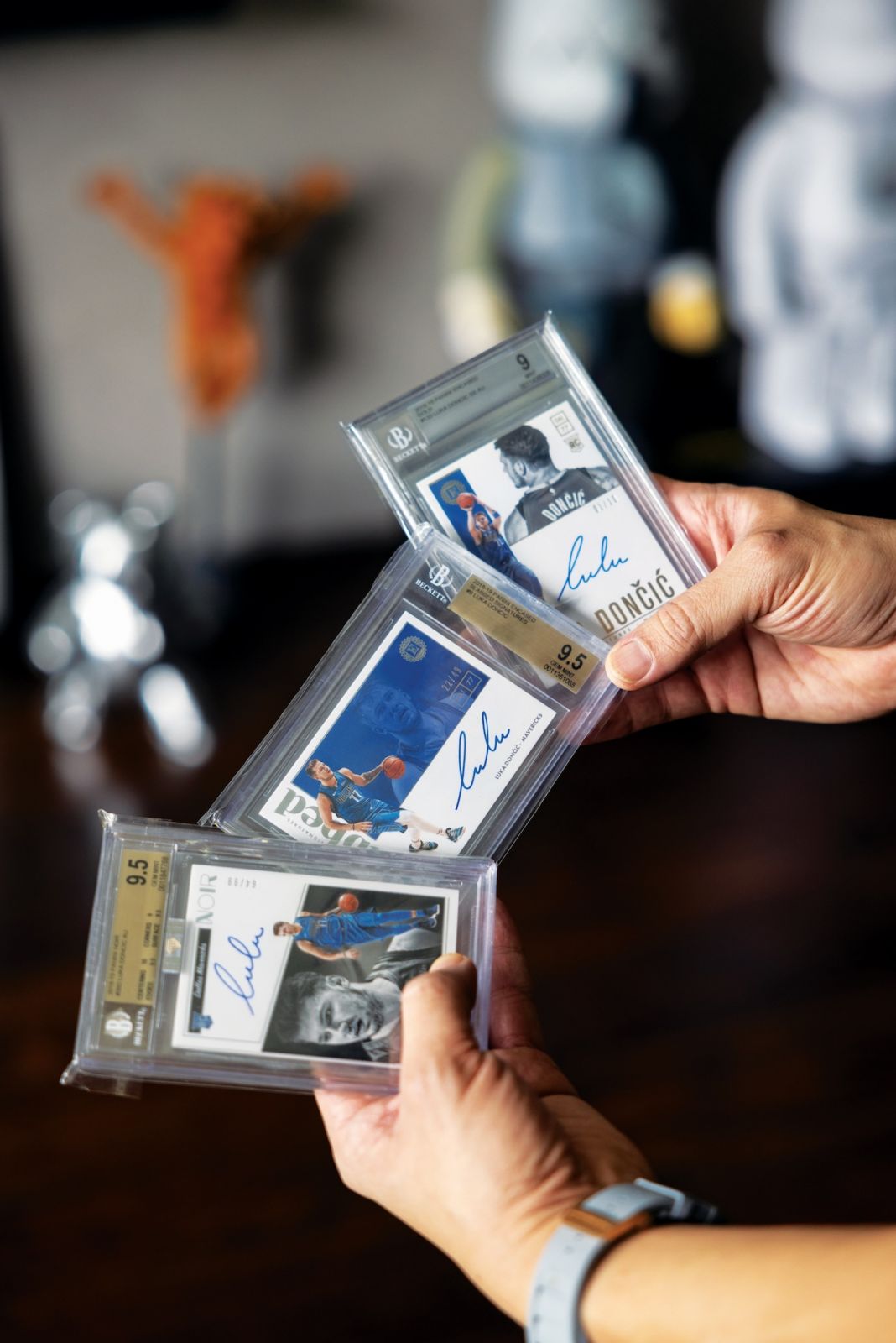Richmond Yu's collection of signed Luka Dončić cards in his man cave