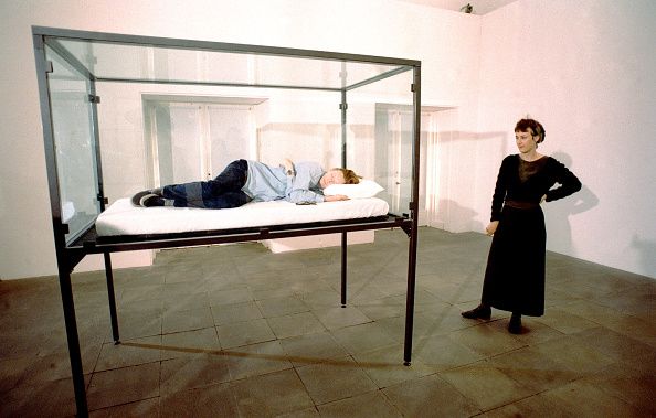 Actress Tilda Swinton performs as living art in the Maybe, a piece concieved and created by her and Cornelia Parker at the Serpentine Gallery in London. She will stay in the glass for 7 days, 8 hours a day for the piece. (Photo by Adam Butler - PA Images/PA Images via Getty Images)