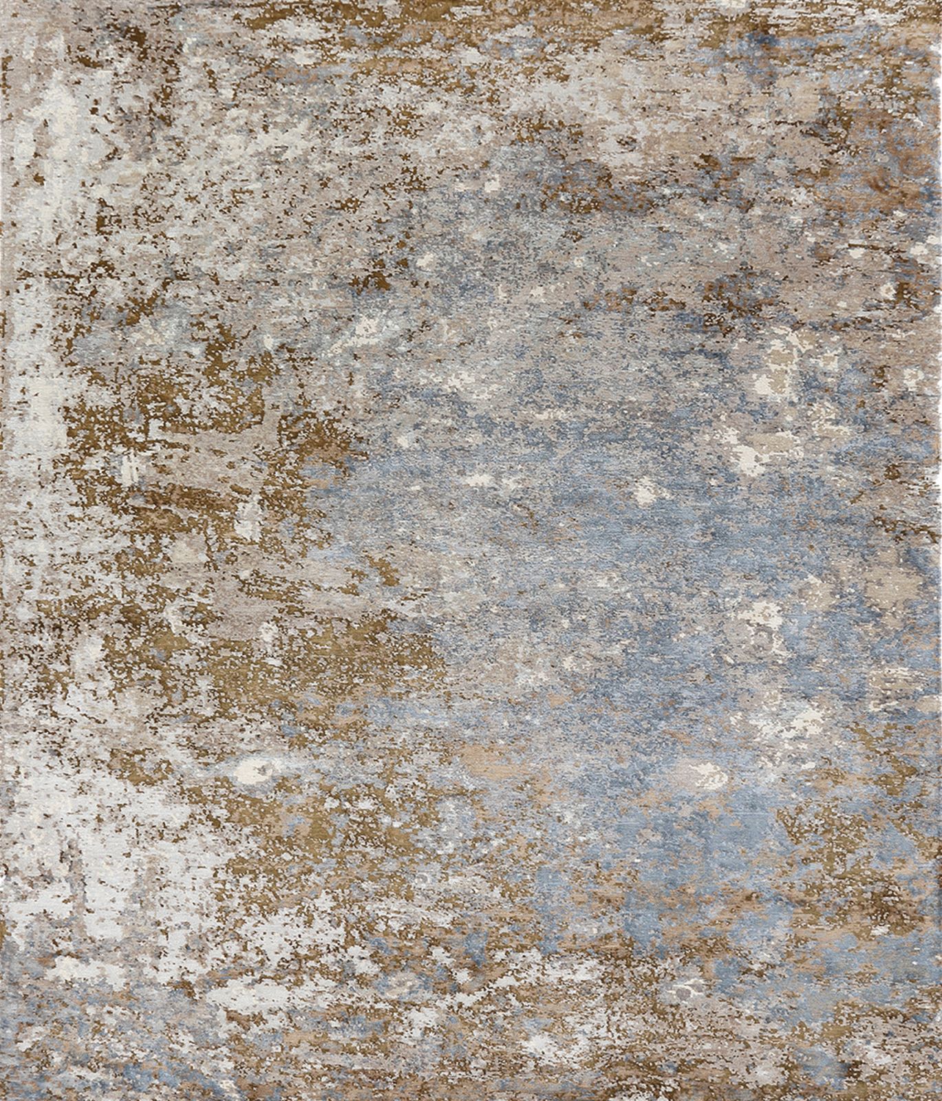 The Trevi Bronze rug is inspired by crumbling plasterwork found on the wall of a Roman townhouse near the Fontana di Trevi, seen here with a glorious textural weave of Tibetan wool and botanic silk