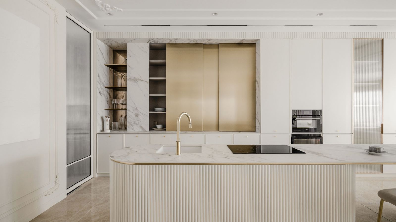 The open-concept kitchen, which serves as a pantry, features a multifunctional island counter with a wash basin, induction cooker, and bar area