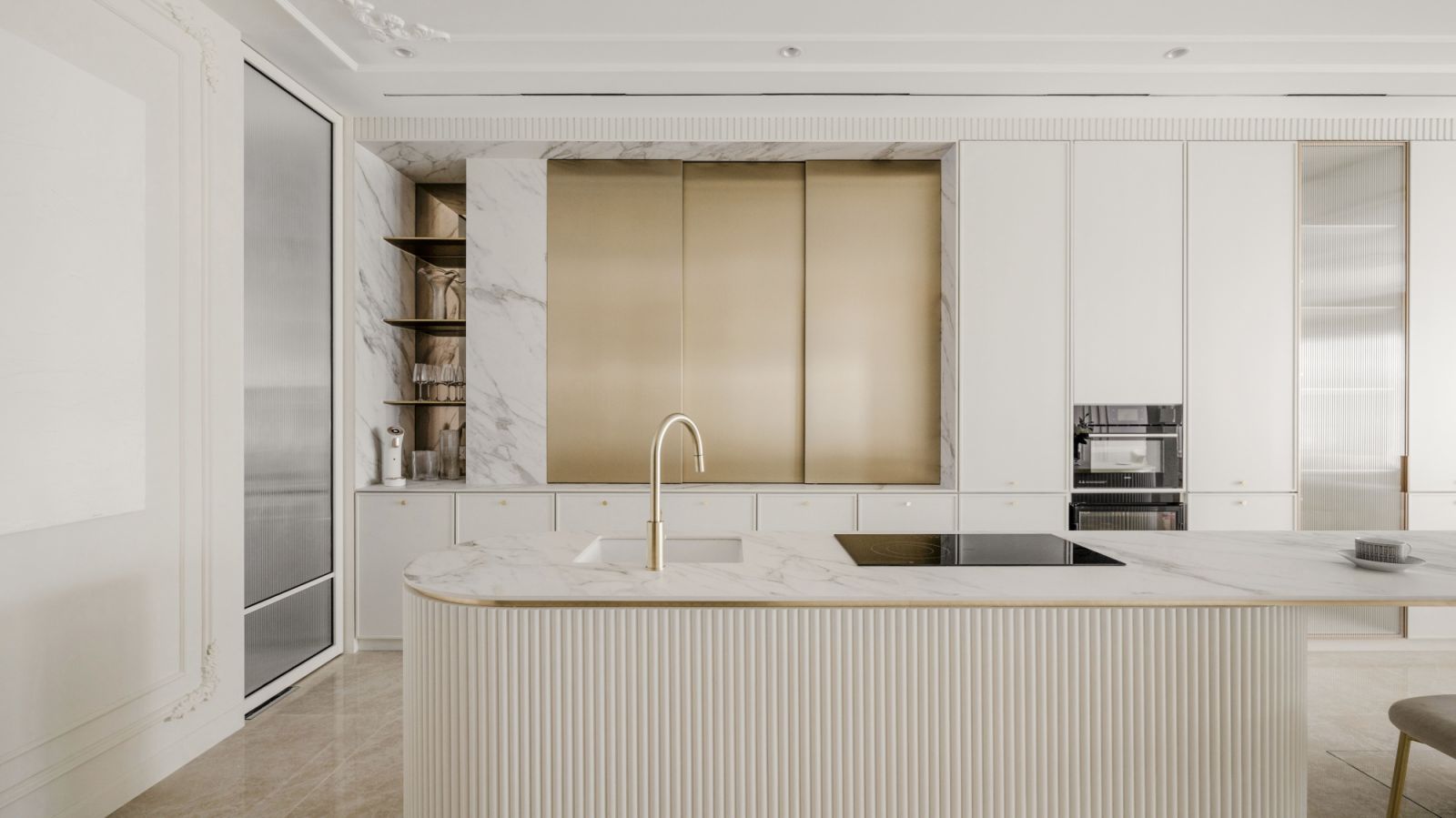 The open-concept kitchen, which serves as a pantry, features a multifunctional island counter with a wash basin, induction cooker, and bar area