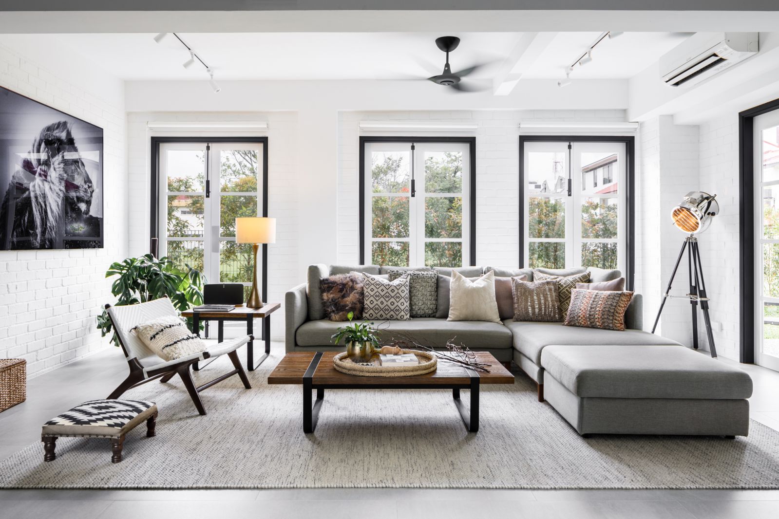 The bright and airy living room in the Palm Drive house