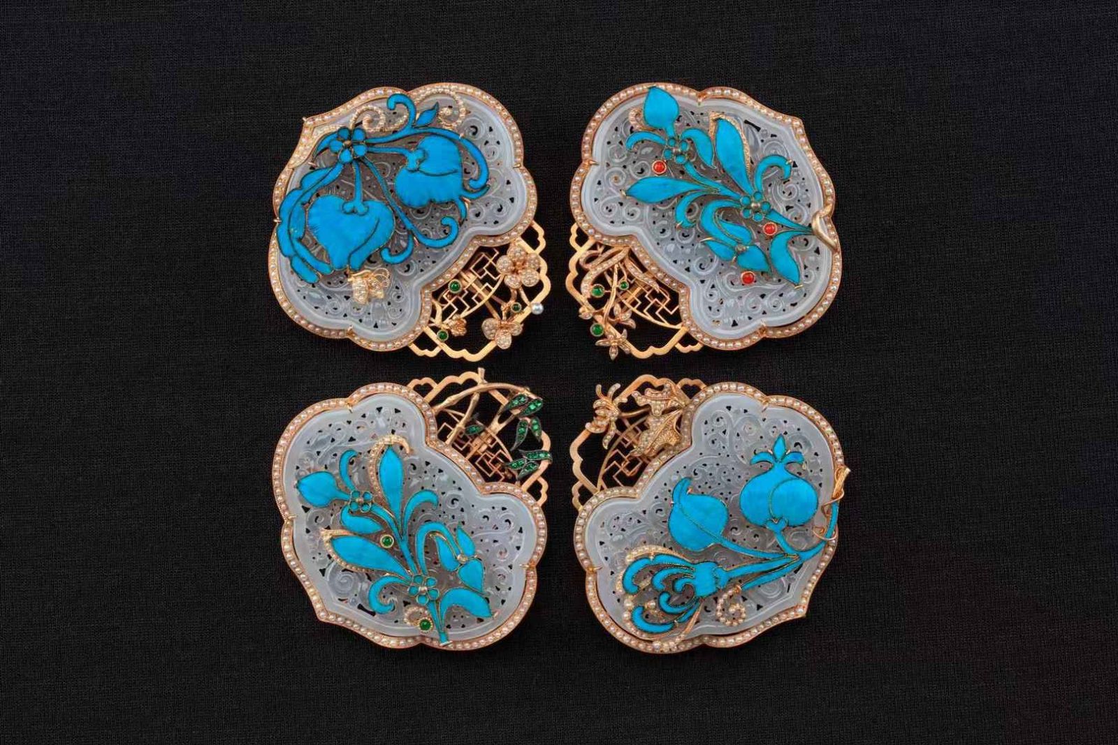 4928 - Plum Orchid Bamboo and Chrysanthemum Jadeite pendants brooches