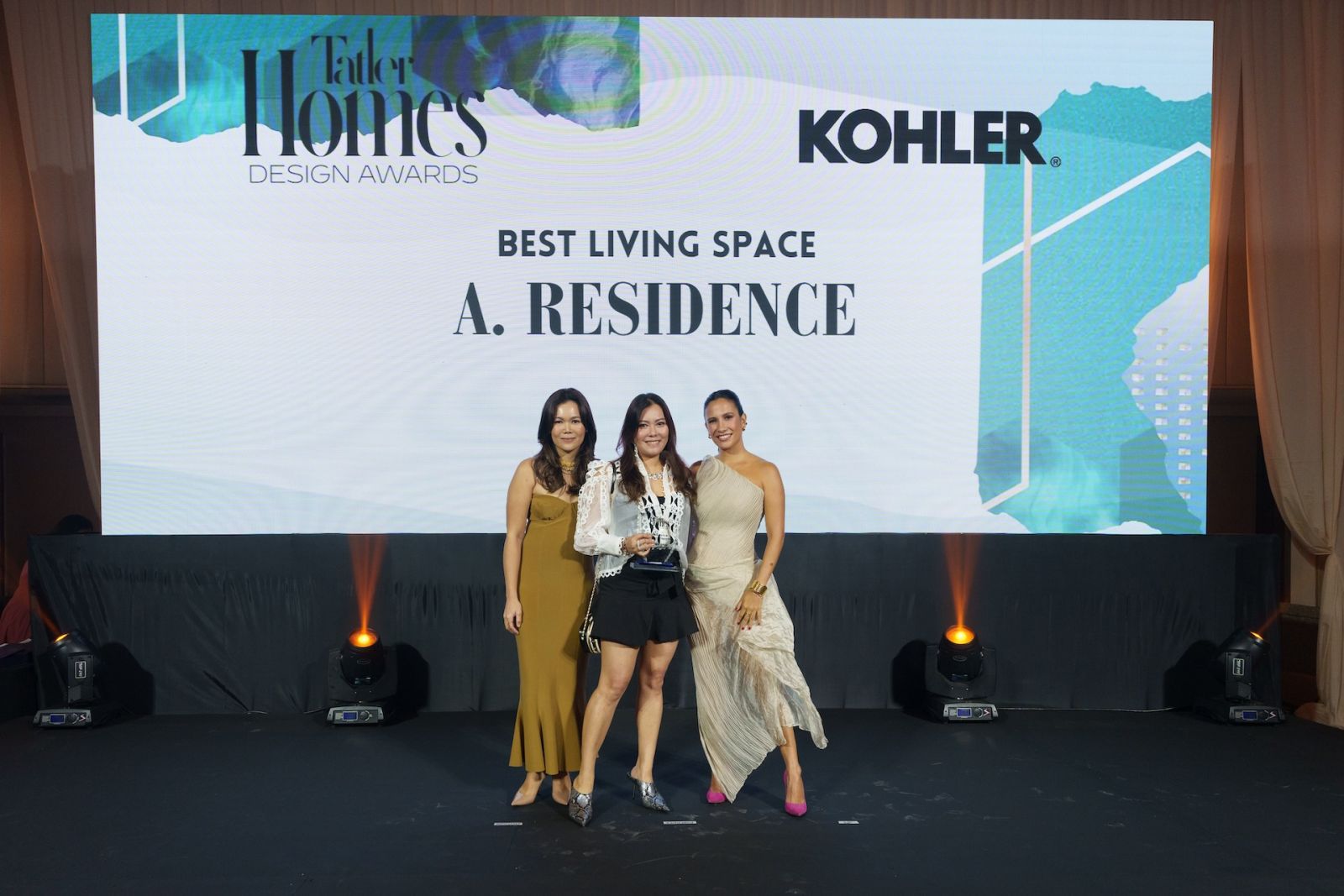 Tatler Homes Editors Jet Acuzar and Stephanie Zubiri with Best Living Residence Awardee Vianca Favila of Empire Designs