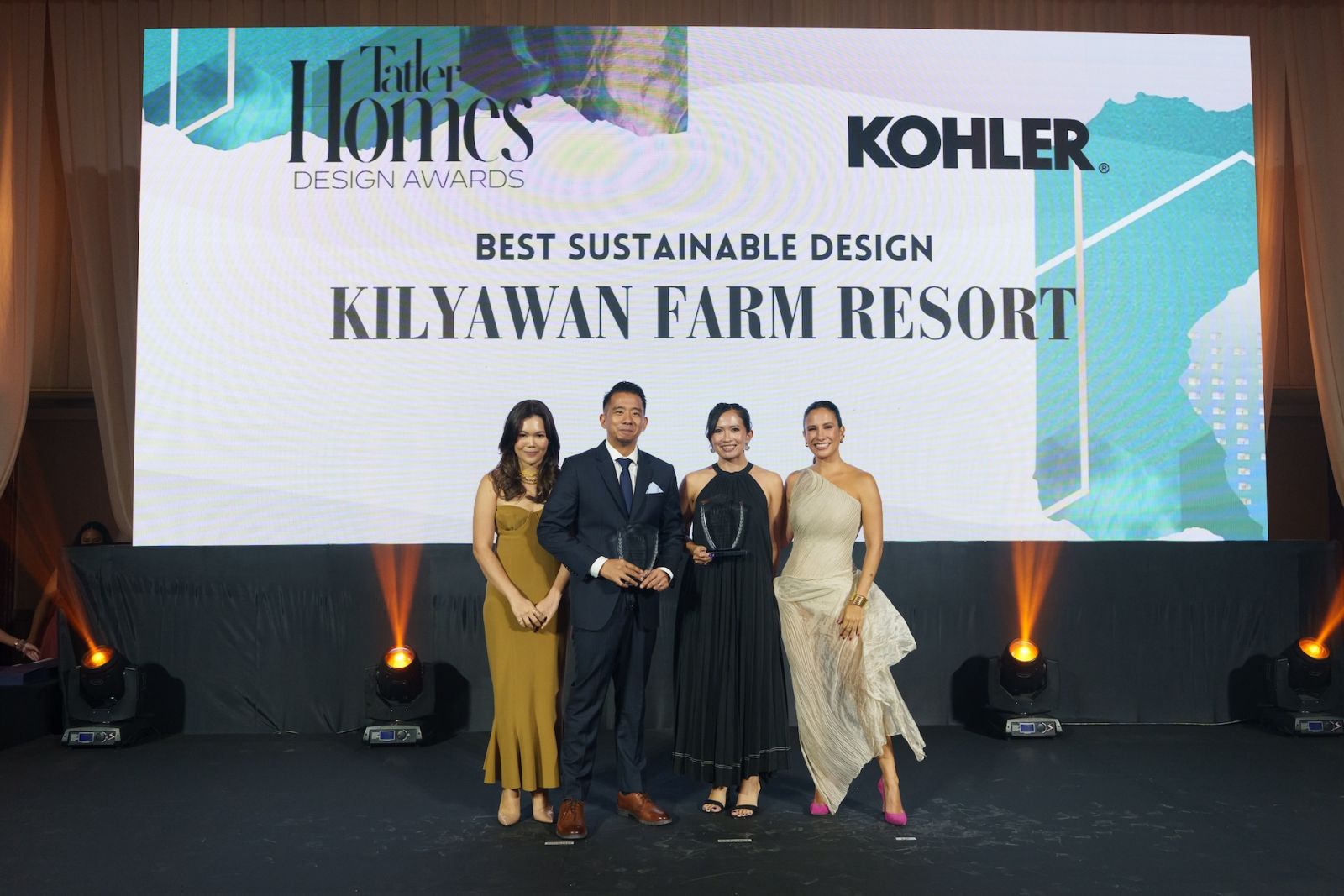Tatler Homes Editors Jet Acuzar and Stephanie Zubiri with Best Sustainable Design Awardees Erick Yambao and Catherine Yambao of Plontur Group